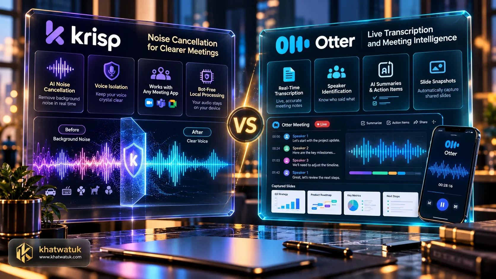 Krisp vs Otter head-to-head comparison hero showing AI audio noise cancellation and meeting transcription interfaces evaluated by khatwatuk.com