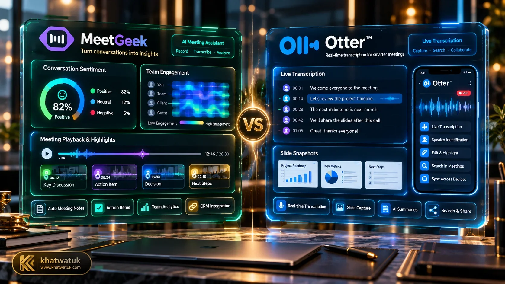 MeetGeek vs Otter head-to-head comparison hero showing conversation intelligence analytics and meeting transcription interfaces evaluated by khatwatuk.com