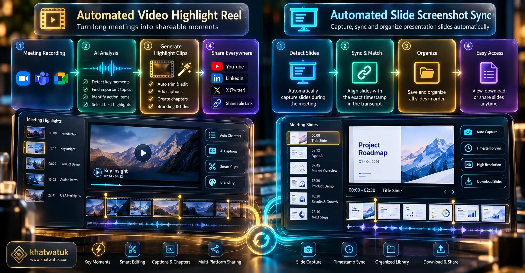 MeetGeek vs Otter video highlight reels and automated presentation slide capture workflow comparison diagram