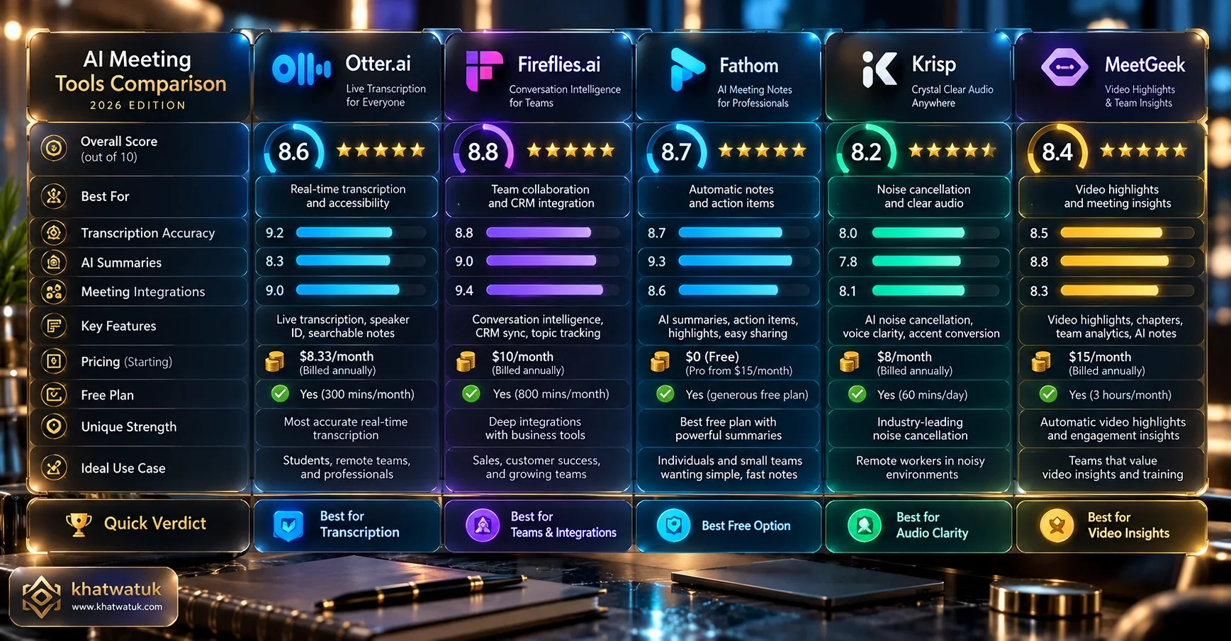 Master comparison matrix of top Otter.ai alternatives: Fathom, Fireflies, MeetGeek, and Krisp