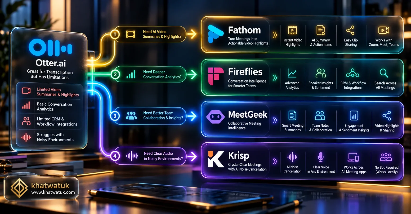 Workflow diagram mapping user pain points with Otter to the best alternative solutions