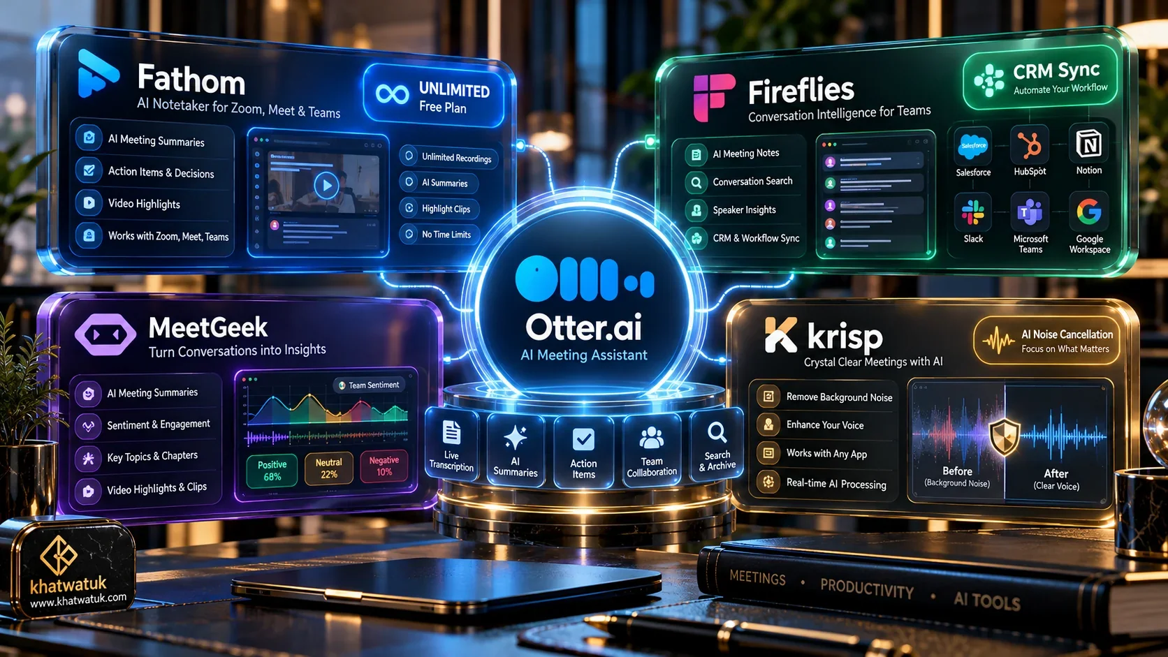 Best Otter.ai alternatives comparison hero showing top AI meeting assistants evaluated by khatwatuk.com