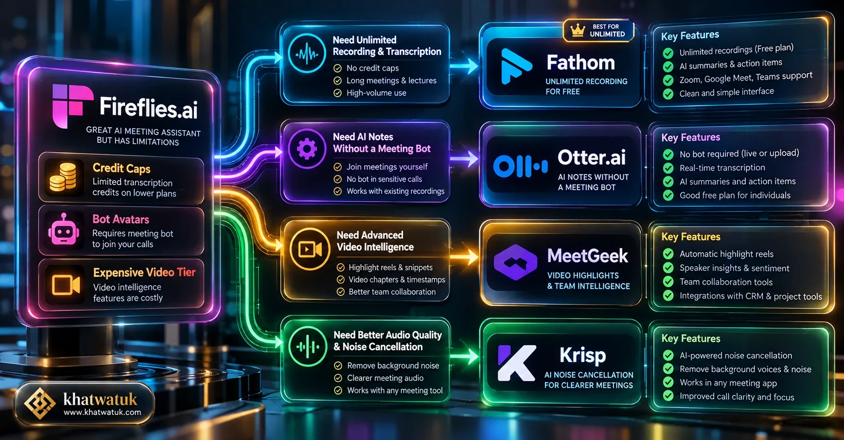 Workflow diagram mapping user pain points with Fireflies to the best alternative solutions