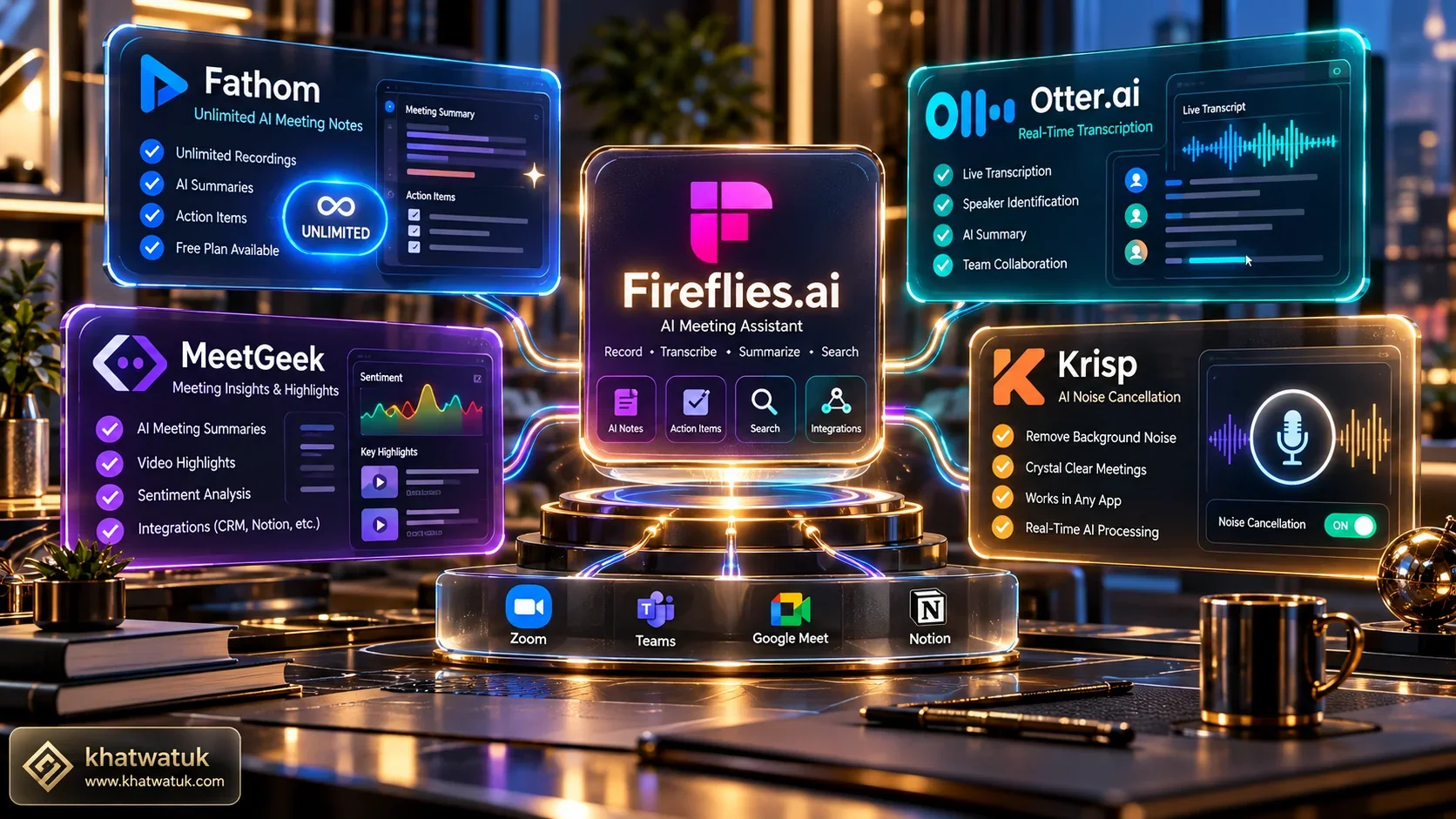 Best Fireflies.ai alternatives comparison hero showing top AI meeting assistants evaluated by khatwatuk.com