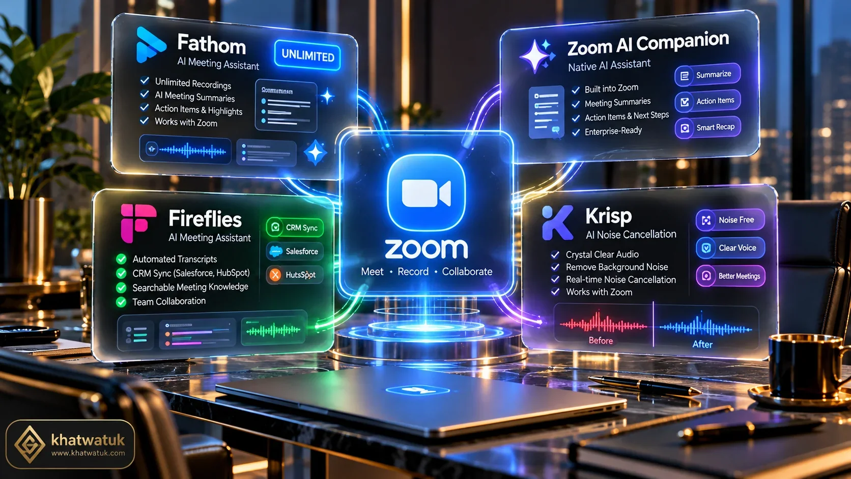 Best AI notetaker for Zoom comparison hero showing top meeting assistants evaluated by khatwatuk.com