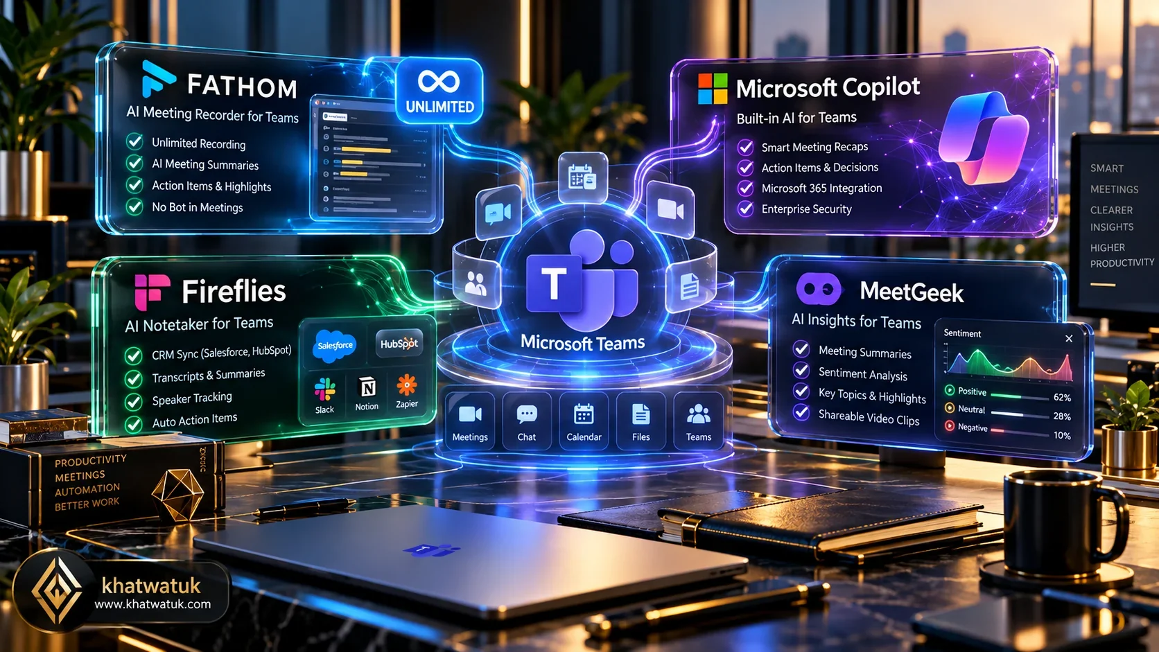 Best AI meeting assistant for teams showcase comparing Microsoft Copilot, Fireflies, Fathom, and Otter for enterprise collaboration