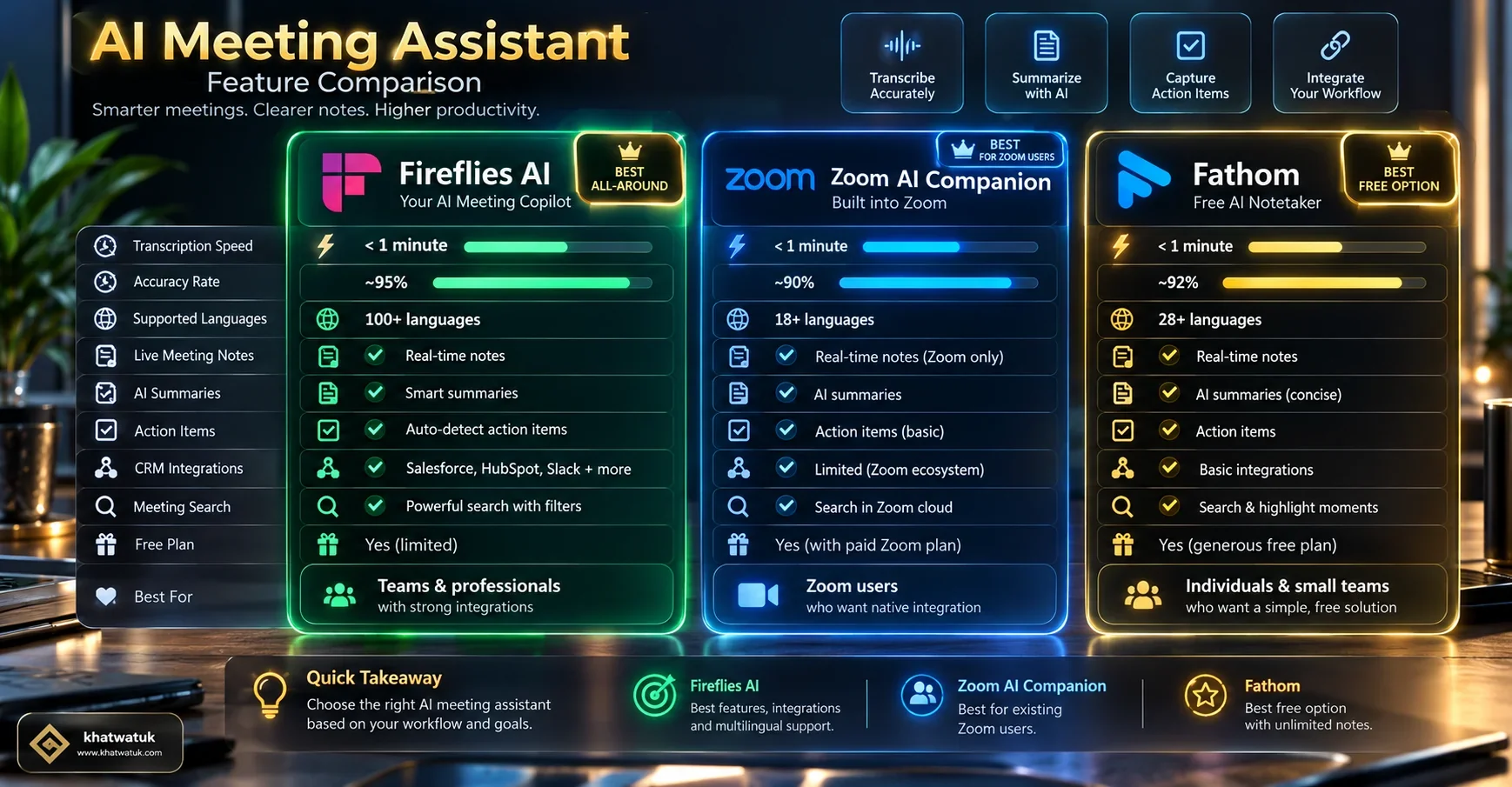 Master comparison matrix comparing Fireflies AI notetaker against Zoom AI Companion and Fathom on Zoom