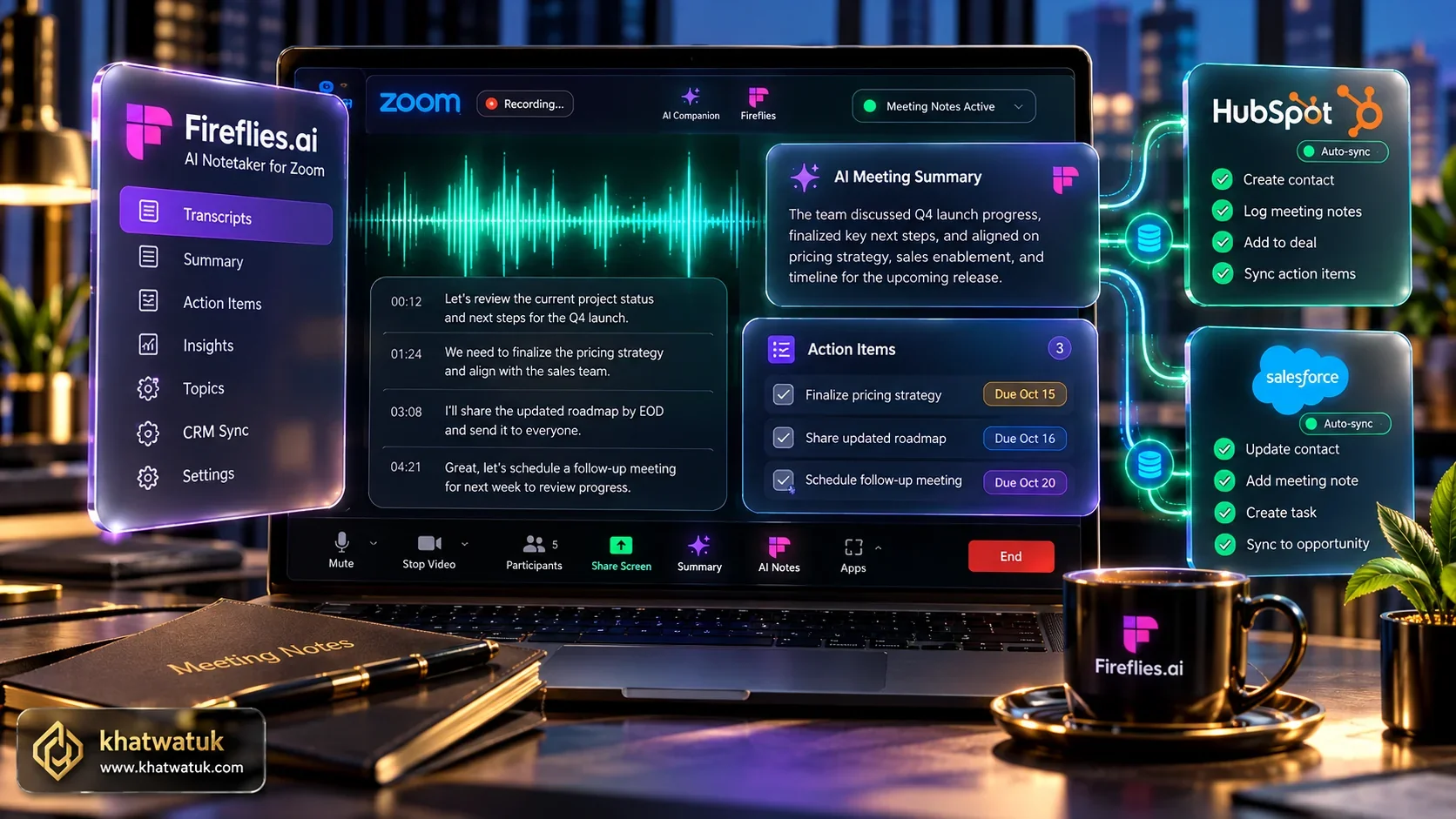 Fireflies AI notetaker for Zoom review showcase featuring live meeting interface, automated summaries, and CRM sync badges