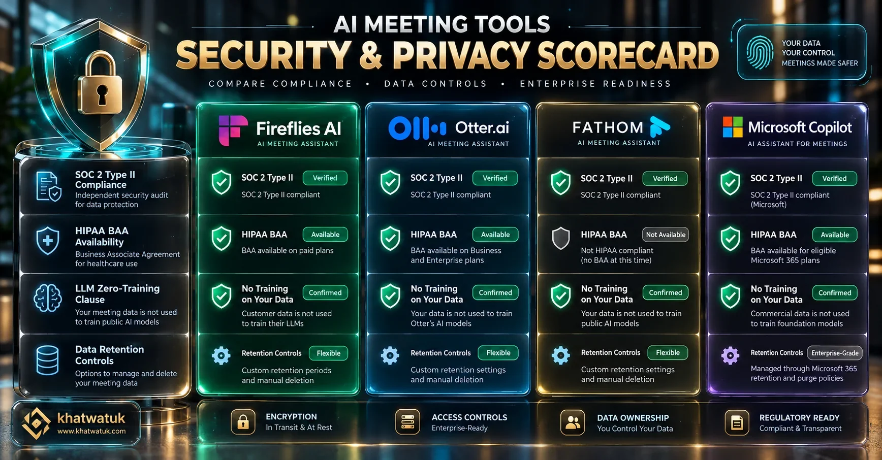 Master comparison matrix comparing security, SOC2 certifications, and LLM training policies across top AI meeting tools