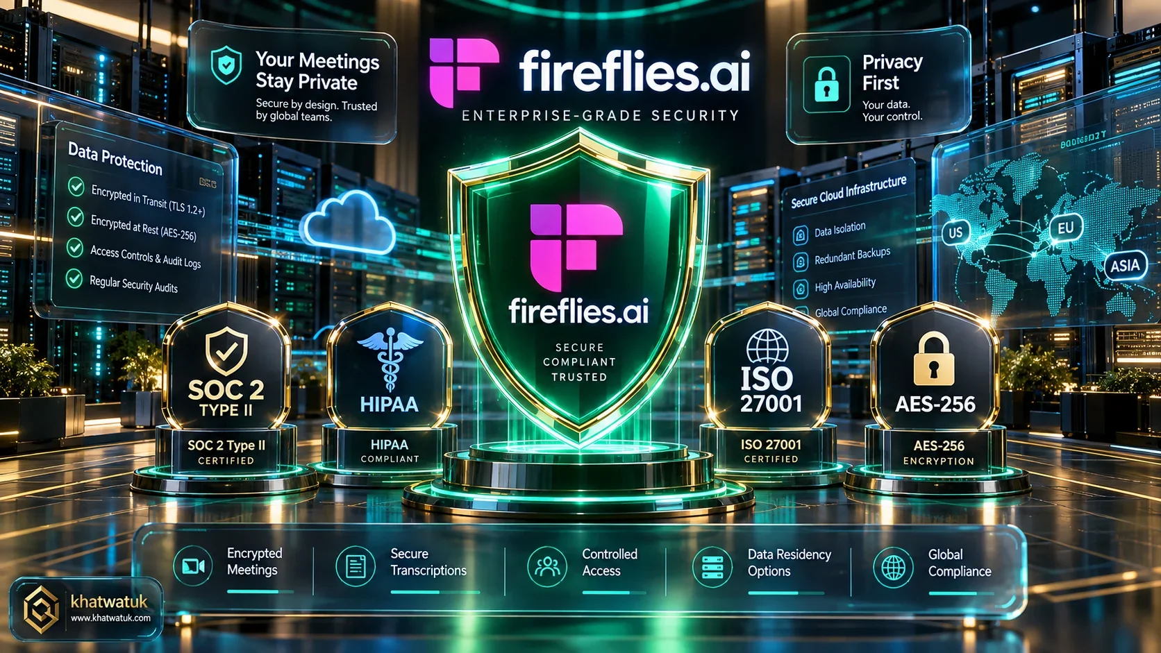 Fireflies AI security and privacy review hero showcase featuring holographic encryption shield, SOC2 compliance badges, and secure cloud storage
