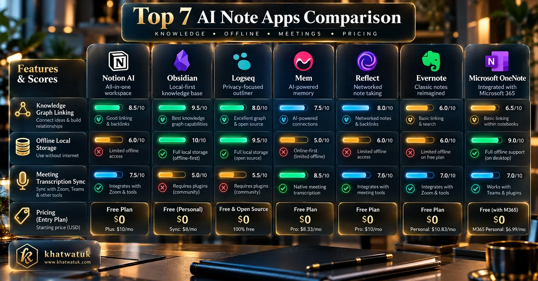 Master comparison matrix comparing features, storage modes, meeting integrations, and pricing across top AI note taking apps.