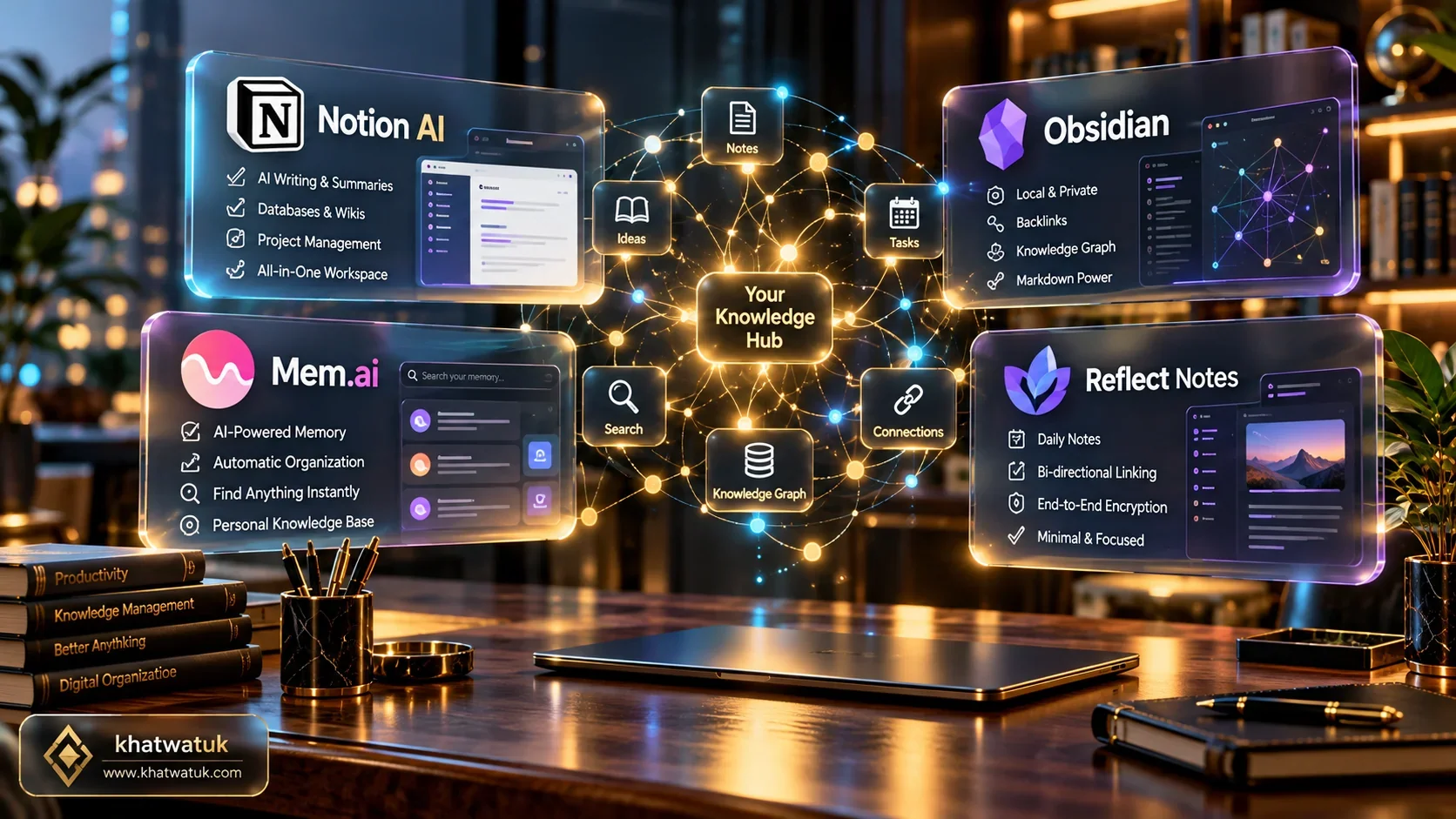 Best AI note taking apps comparison hero showcasing modern digital workspaces, connected neural knowledge graphs, and markdown editors.