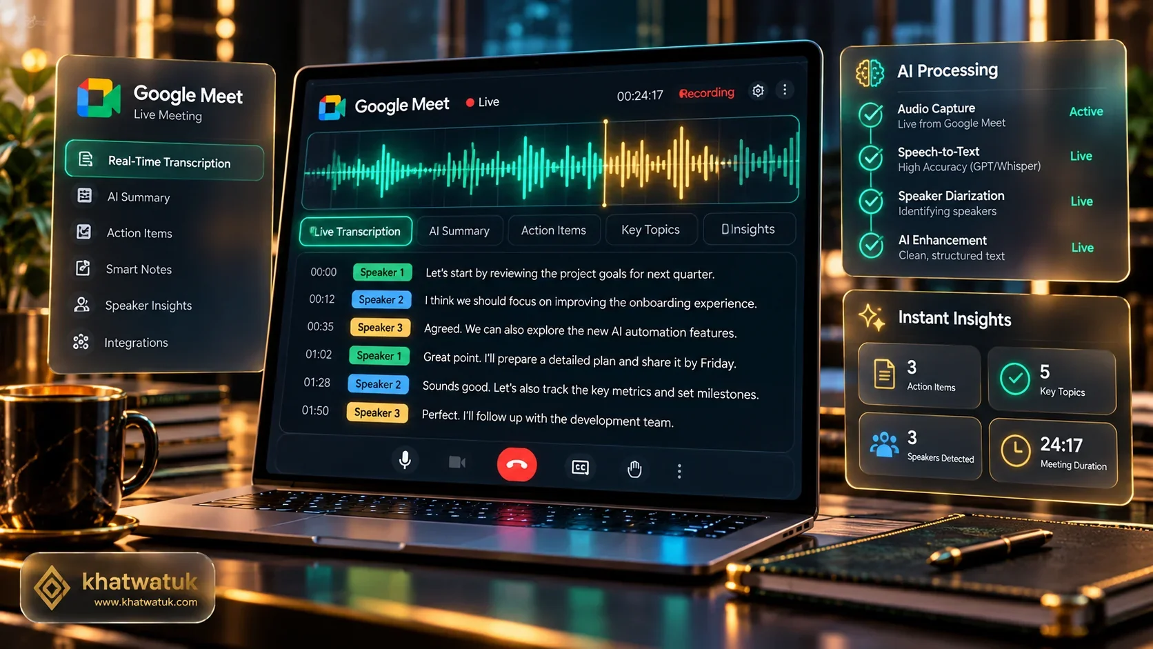 Real-time AI automated transcription during a Google Meet call showing audio waves and synchronized text streams evaluated by khatwatuk.com