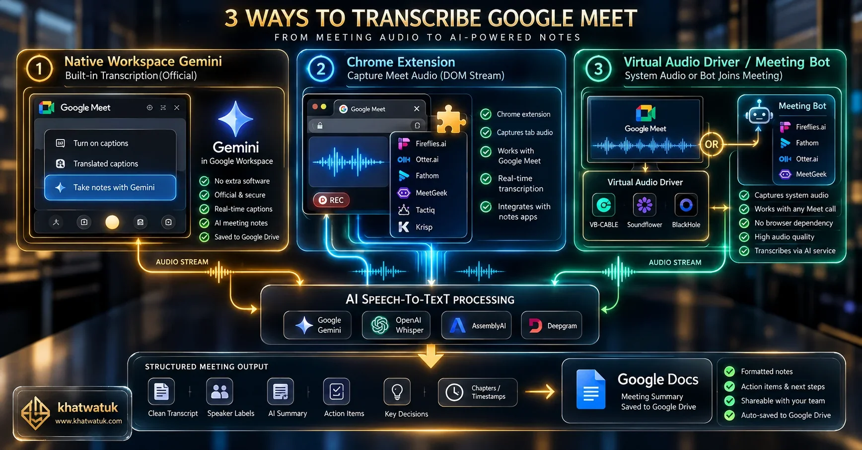 Architecture workflow diagram mapping the three methods to transcribe Google Meet: Native Workspace Gemini, Chrome Extension, and Meeting Bot.