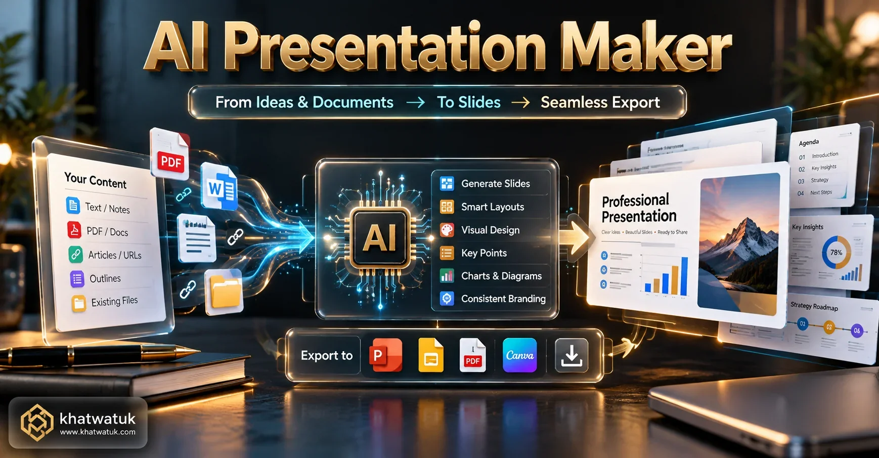 Architectural workflow comparing web-native presentation canvases with native Google Slides and PowerPoint AI extensions.