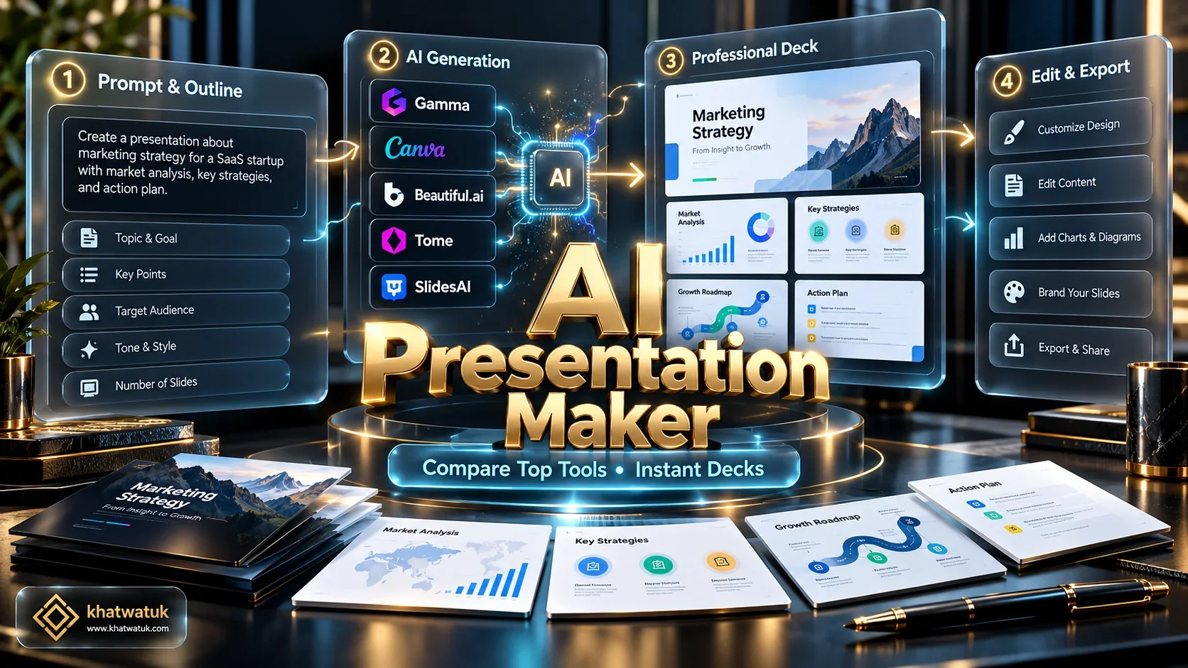 Professional decision framework diagram illustrating how an AI presentation maker generates structured slide decks from prompts and text outlines.