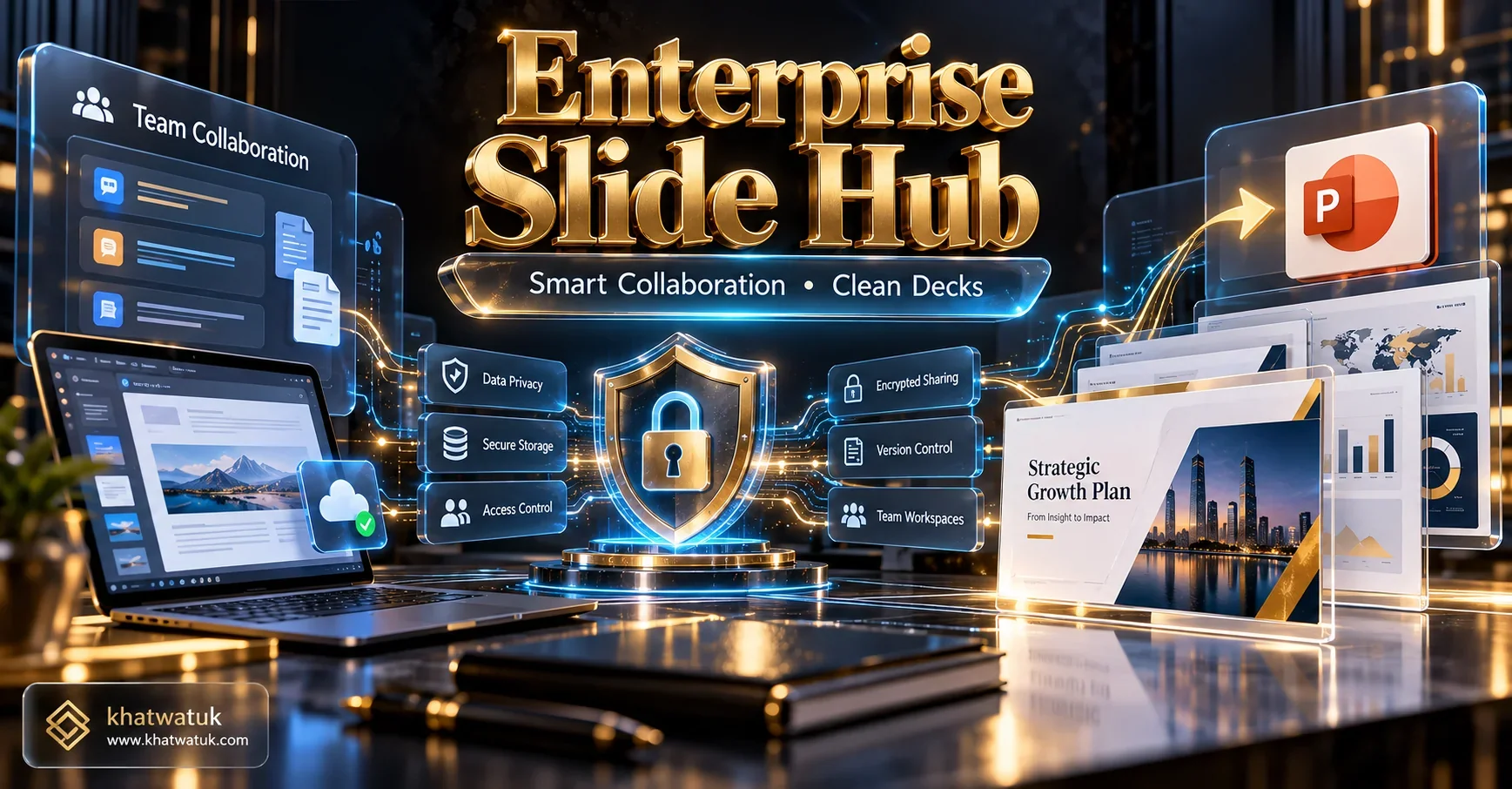 Technical infographic highlighting enterprise presentation security protocols, brand kit enforcement, and PowerPoint export fidelity.