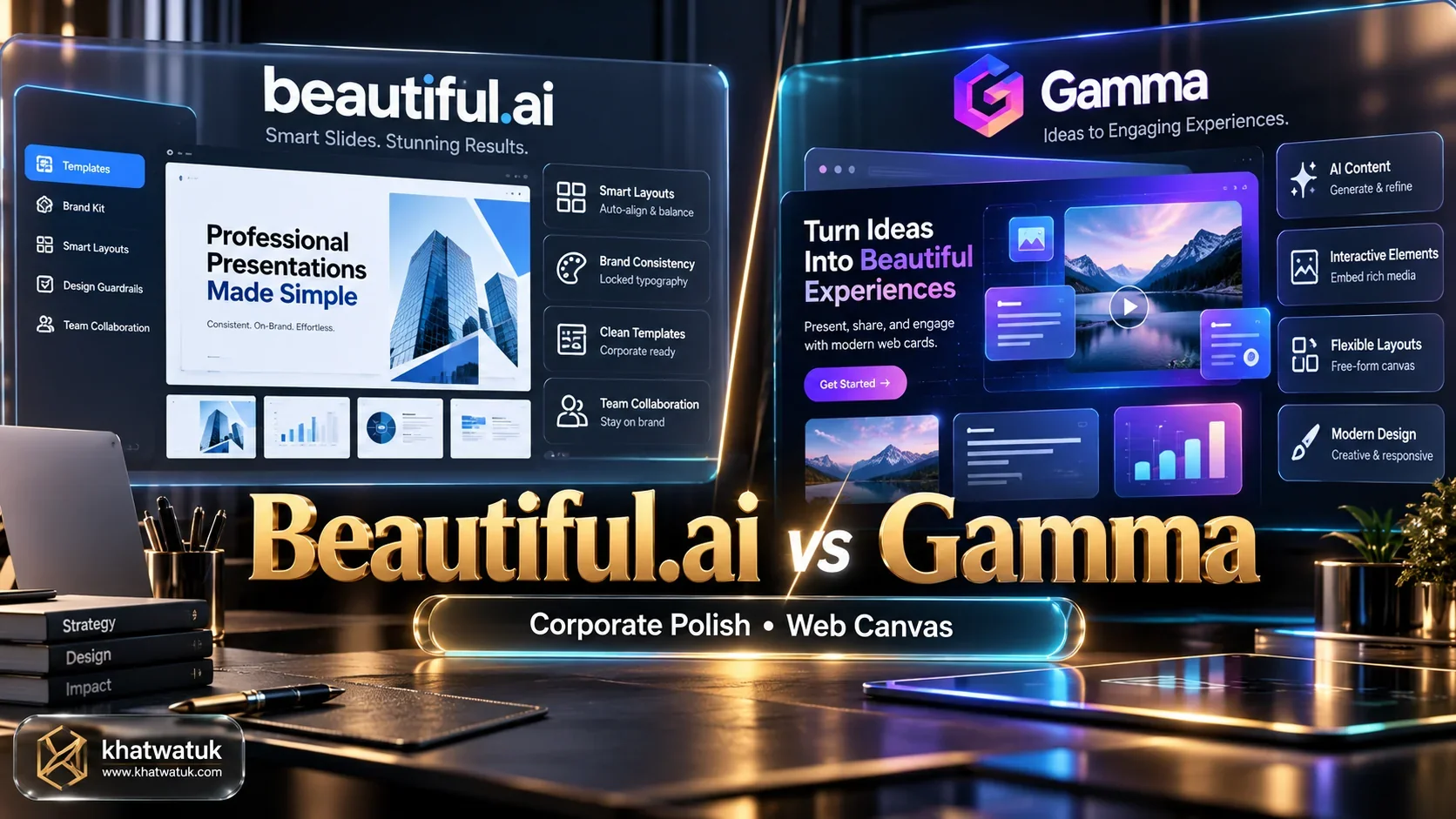 Head-to-head comparison infographic comparing Beautiful.ai corporate Smart Slide templates with Gamma responsive web presentation cards.