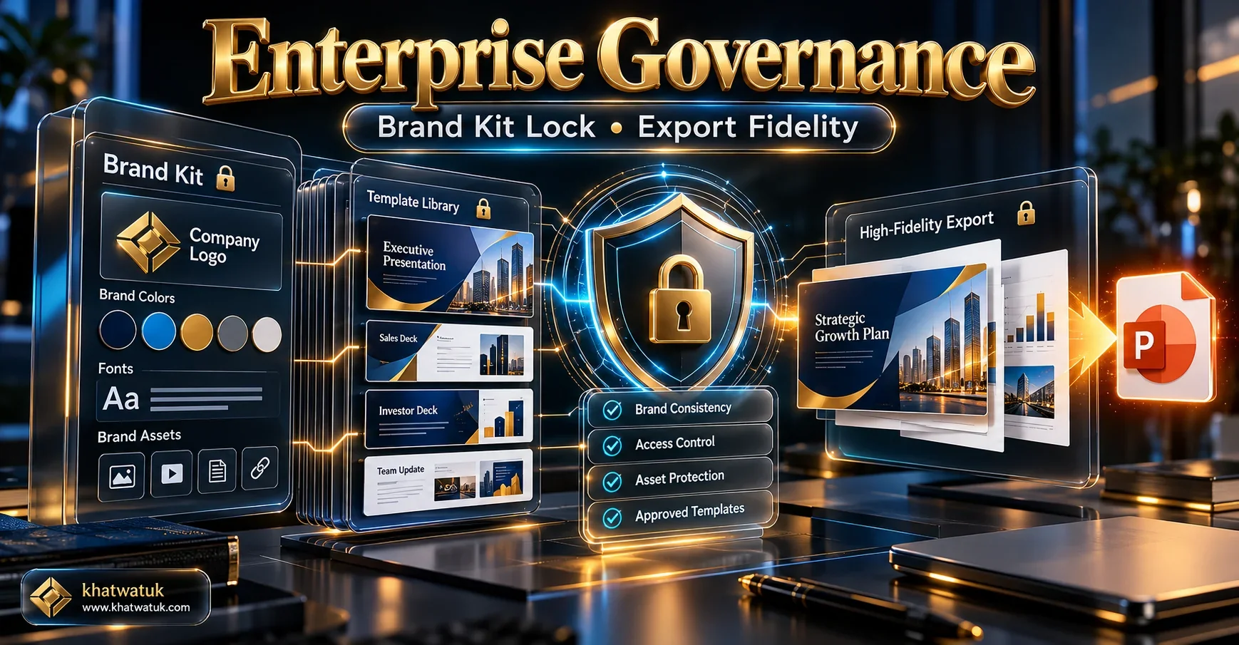 Technical infographic highlighting enterprise brand kit enforcement and PowerPoint export fidelity between Beautiful.ai and Gamma.