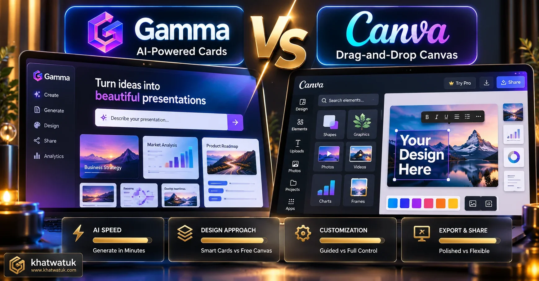 Architectural diagram contrasting Gamma conversational AI card synthesis with Canva manual drag-and-drop design editing.