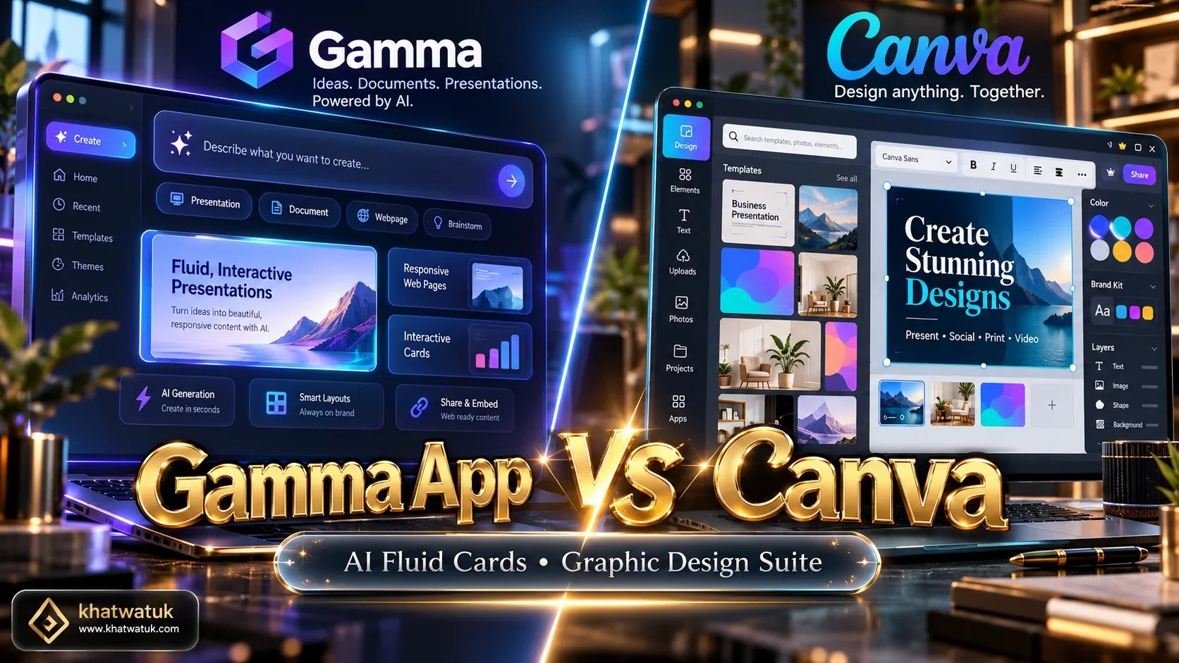 Head-to-head comparison infographic comparing Gamma App responsive fluid presentation cards with Canva graphic design slide templates.