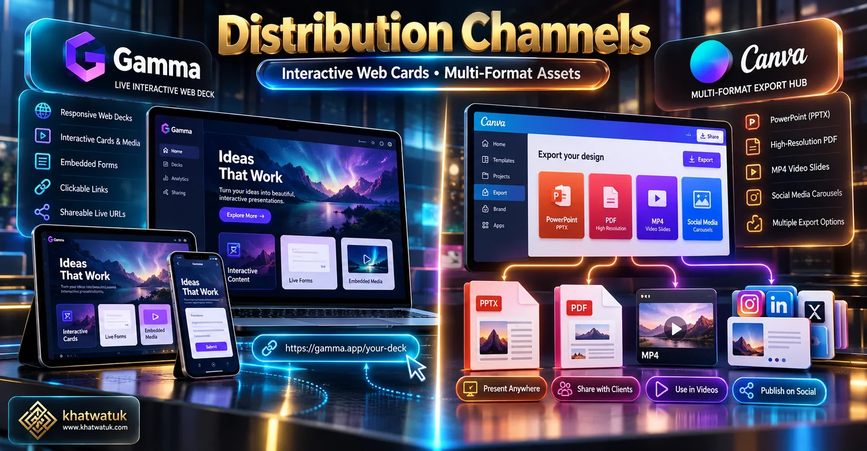 Technical infographic illustrating Gamma interactive web presentation sharing versus Canva multi-format export ecosystem.