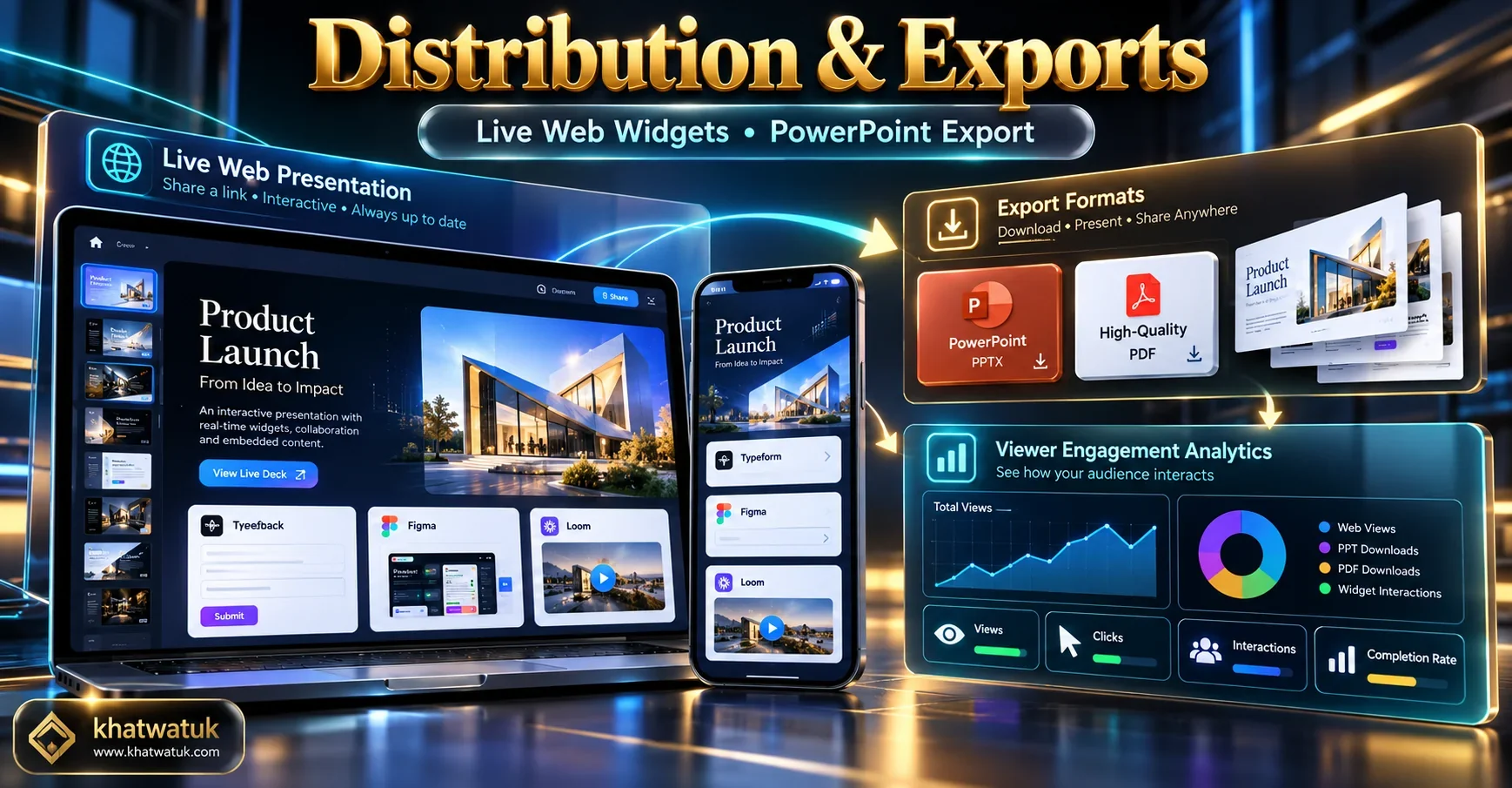 Technical infographic illustrating presentation widget embeds and export fidelity between Tome and Gamma.