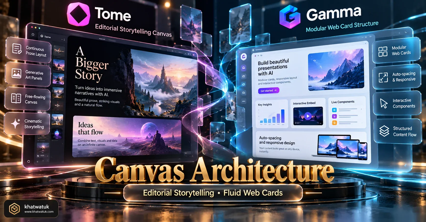 Architectural diagram contrasting Tome editorial storytelling canvas with Gamma modular interactive web cards.