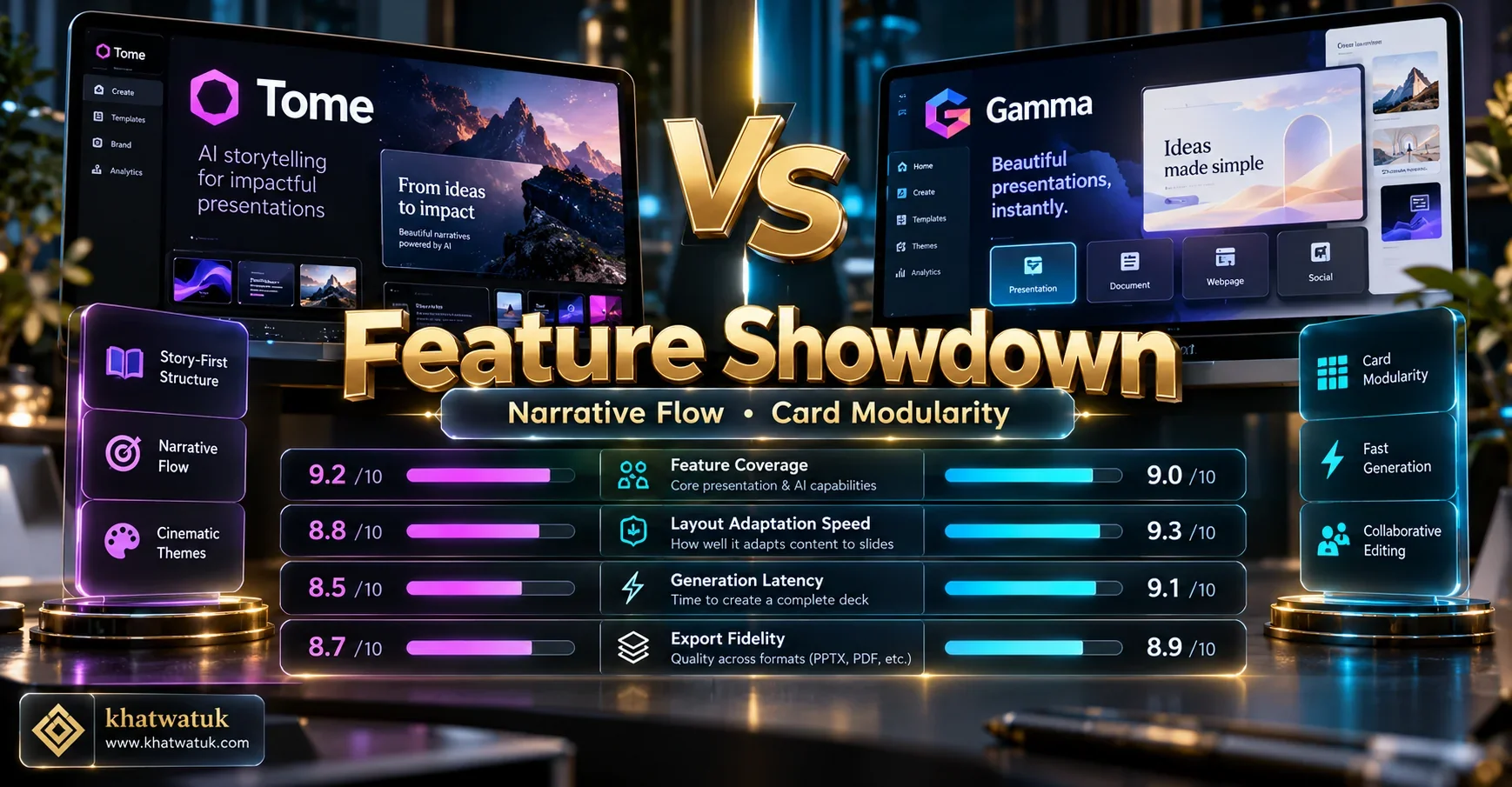 Side-by-side evaluation matrix benchmarking Tome versus Gamma across generation speed, layout fluidity, and export capabilities.