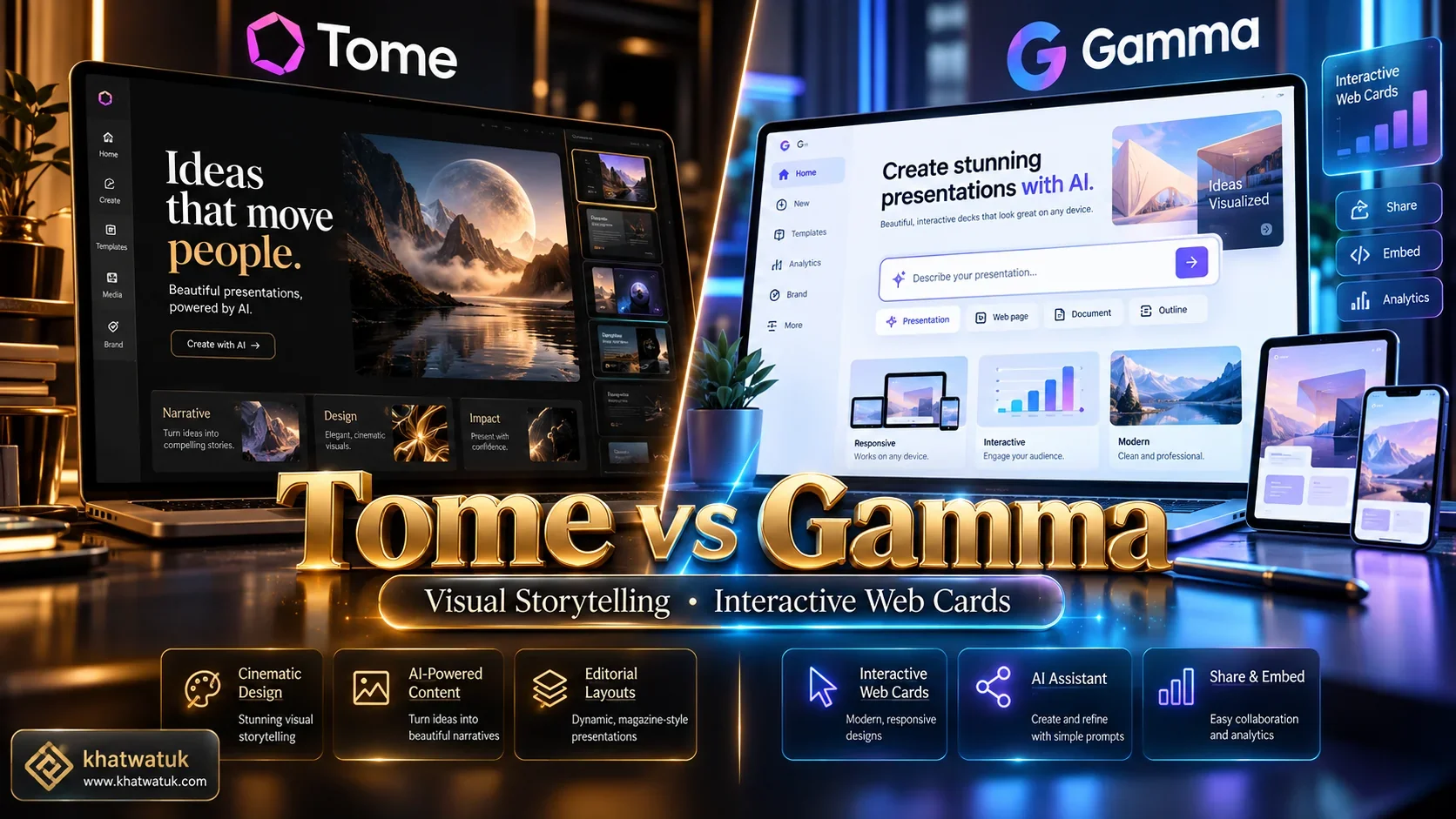 Head-to-head comparison infographic comparing Tome visual storytelling canvas with Gamma responsive interactive web cards.