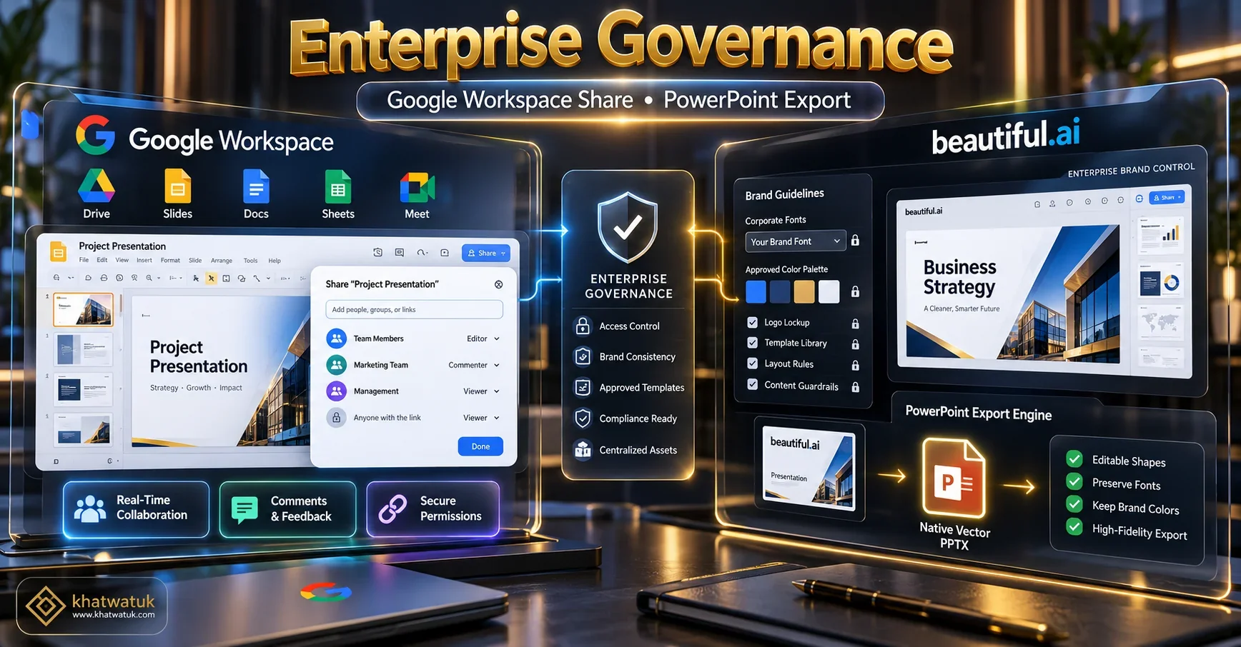 Technical infographic illustrating brand governance and export workflows between SlidesAI and Beautiful.ai.