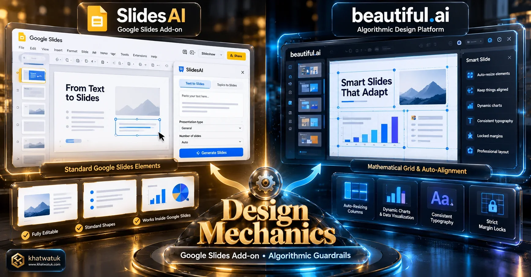 Architectural diagram contrasting SlidesAI Google Slides add-on workflow with Beautiful.ai mathematical Smart Slide layout constraints.