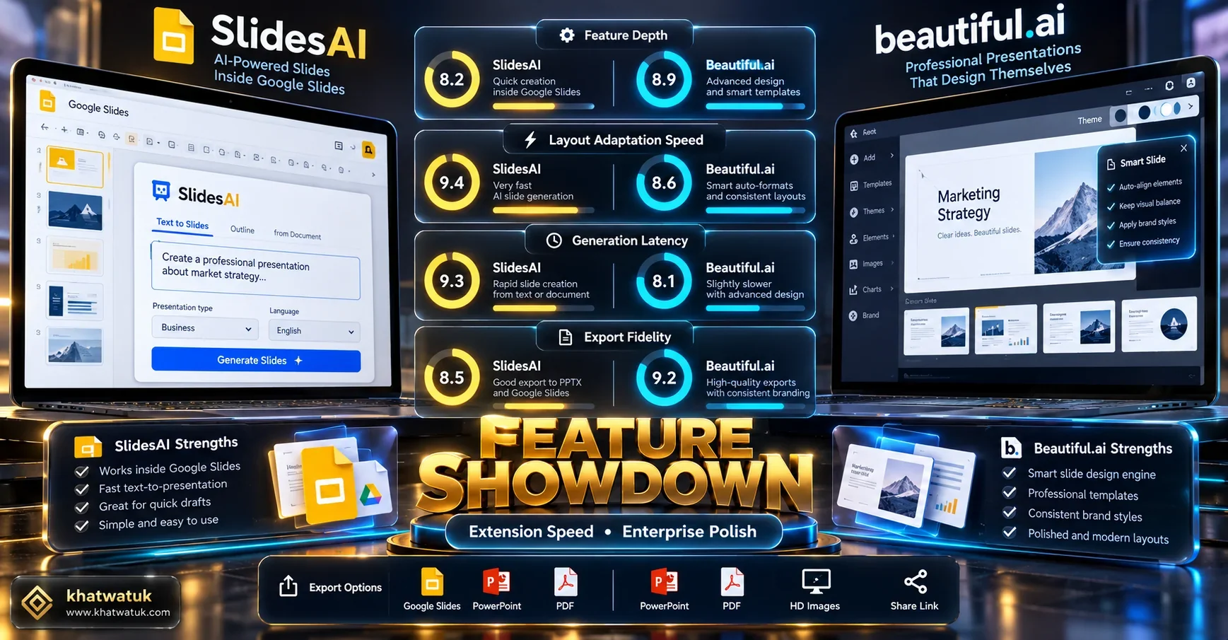 Side-by-side evaluation matrix benchmarking SlidesAI versus Beautiful.ai across generation speed, layout guardrails, and export capabilities.