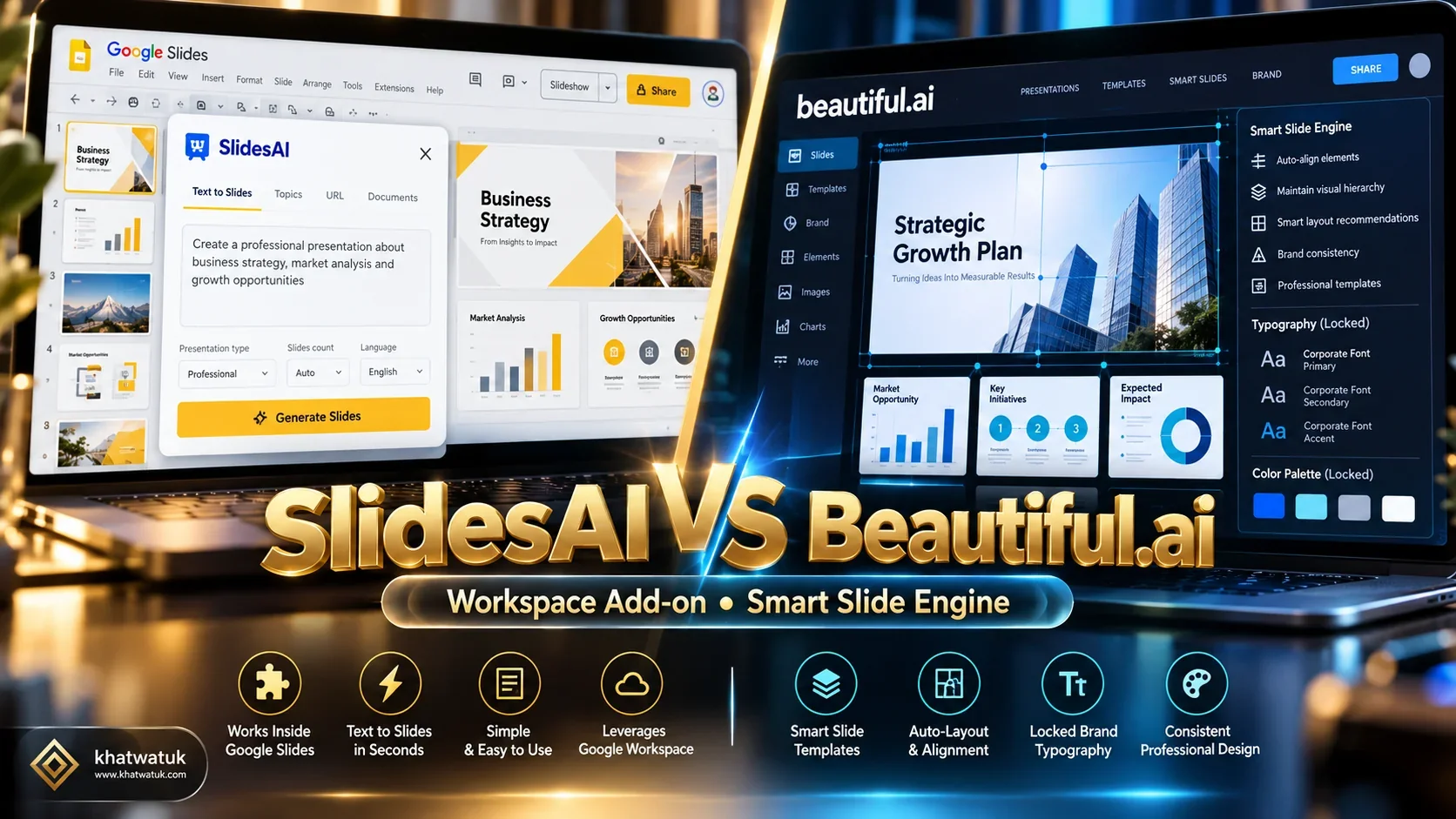 Head-to-head comparison infographic comparing SlidesAI Google Slides extension with Beautiful.ai standalone Smart Slide presentation platform.