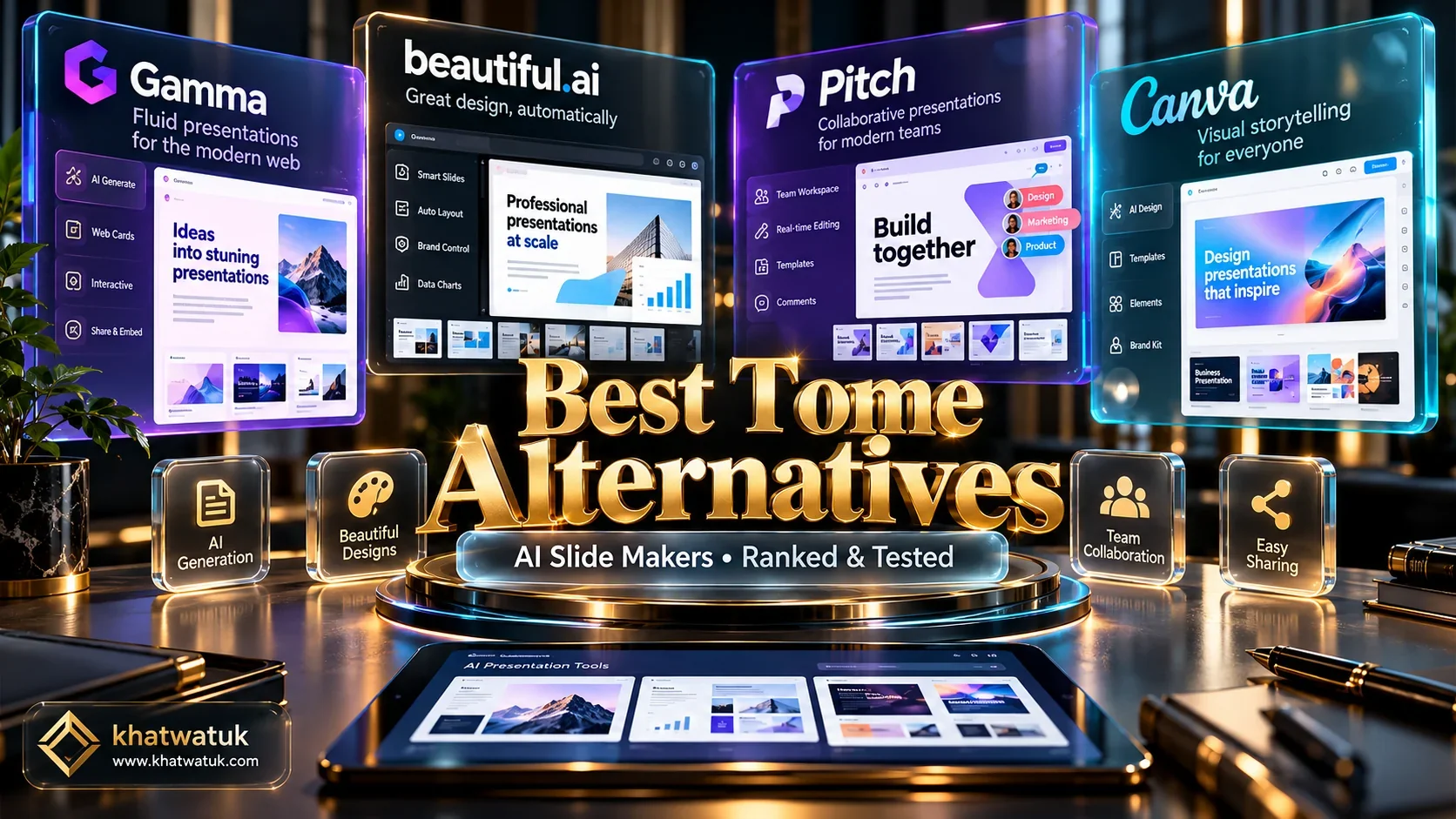 Comprehensive comparison infographic ranking the best Tome alternatives for AI presentation design.