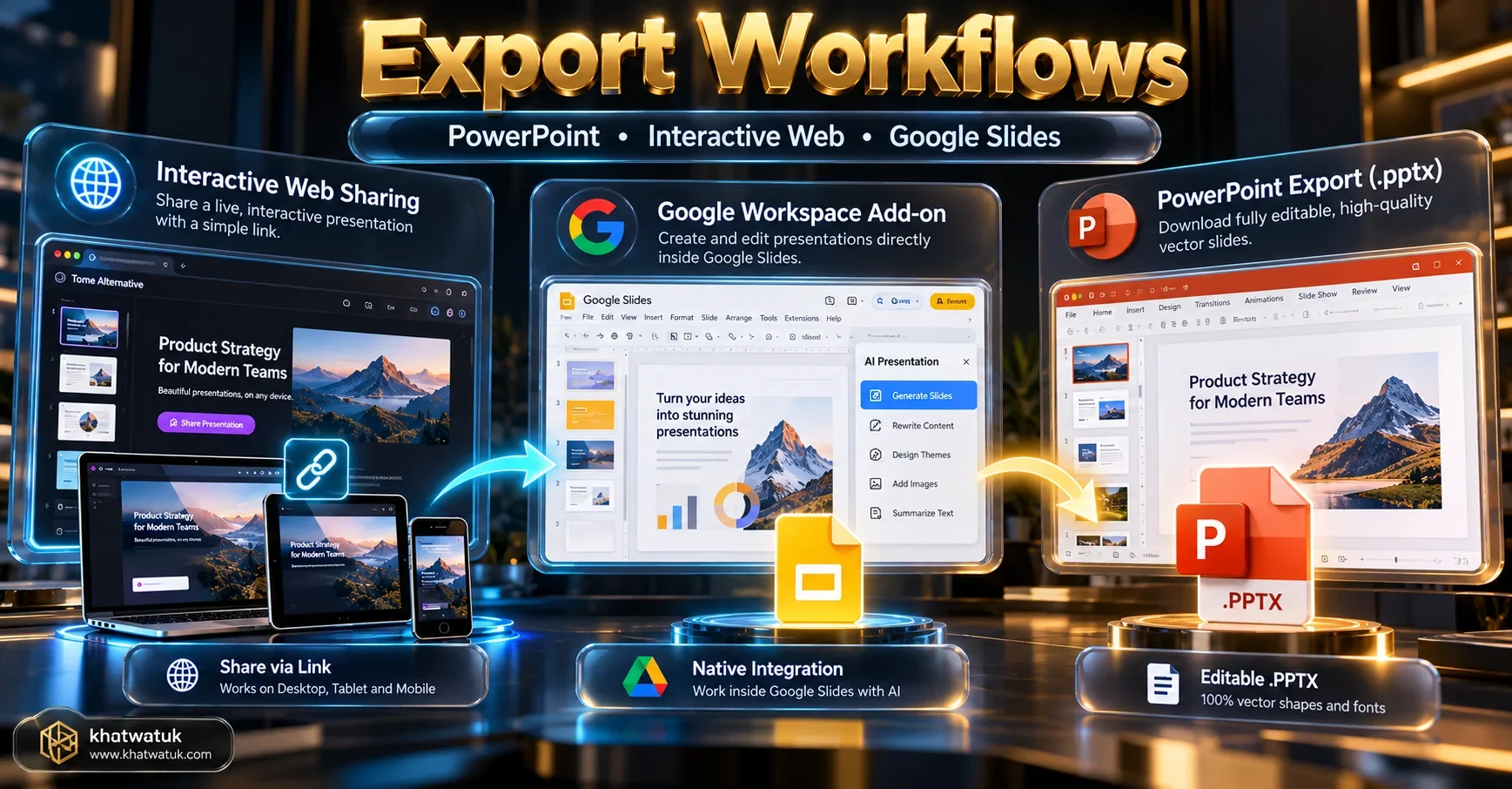 Technical infographic illustrating export workflows and enterprise distribution options across Tome alternatives.