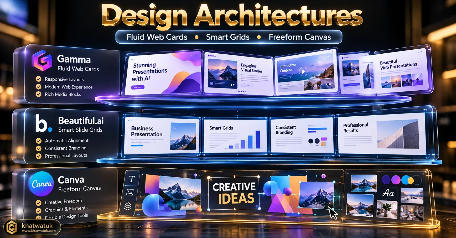Architectural diagram contrasting fluid web cards, mathematical Smart Slides, and freeform canvas presentation platforms.