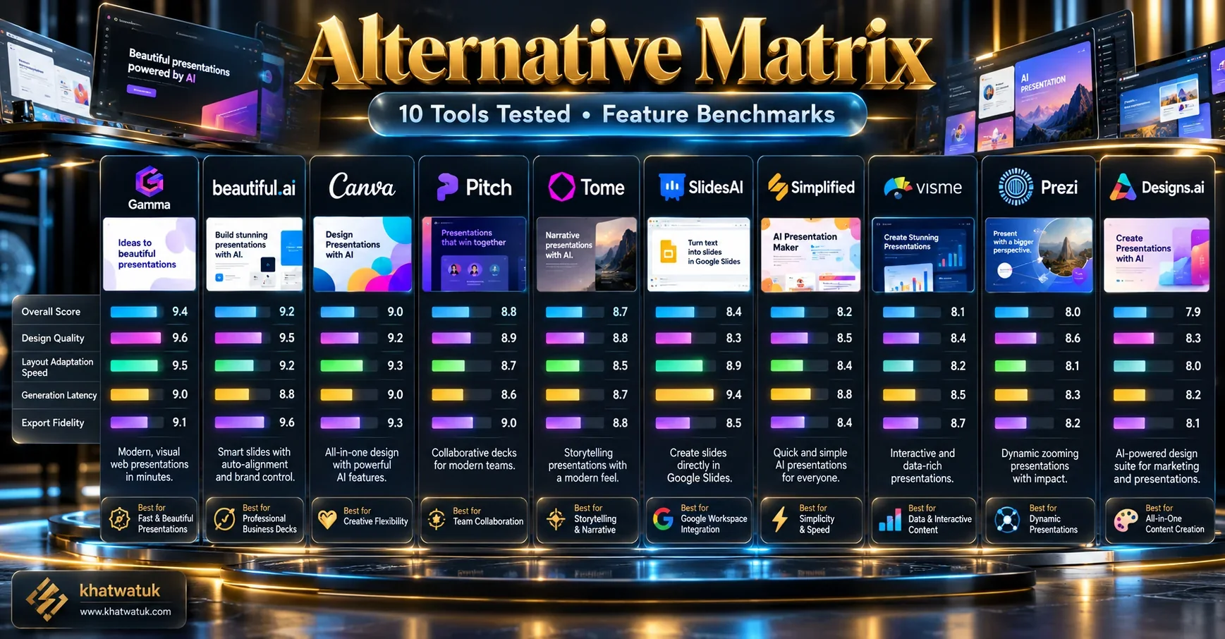 Side-by-side evaluation matrix benchmarking 10 Tome alternatives across speed, design guardrails, and pricing.