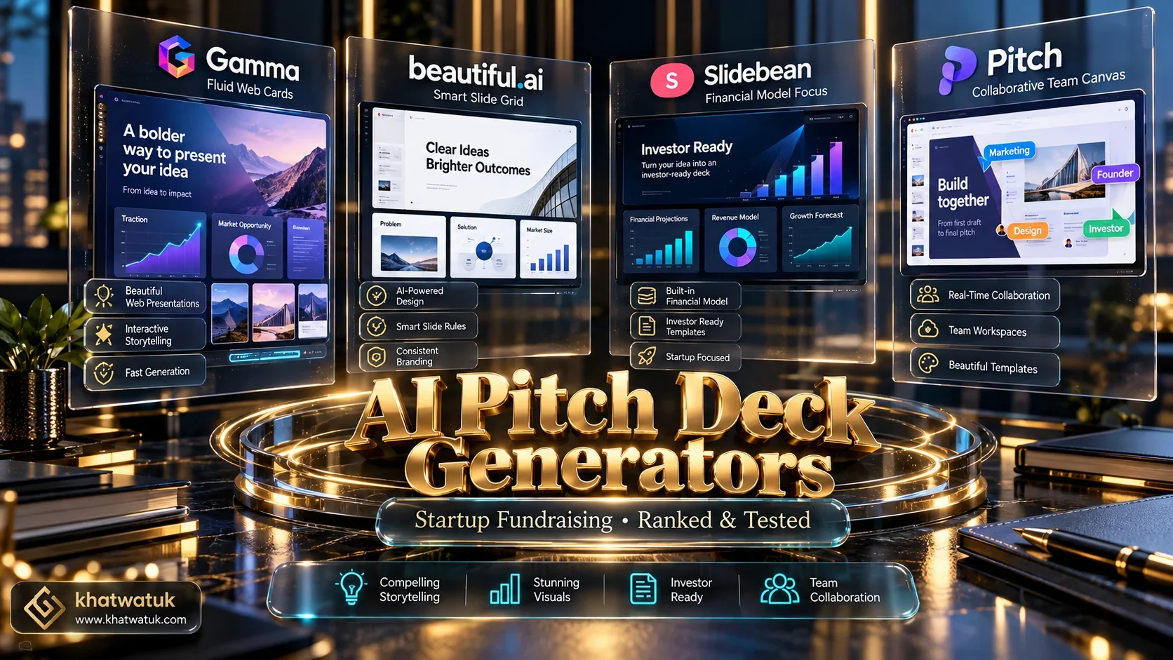 Comprehensive comparison infographic ranking the best AI pitch deck generators for startup fundraising.