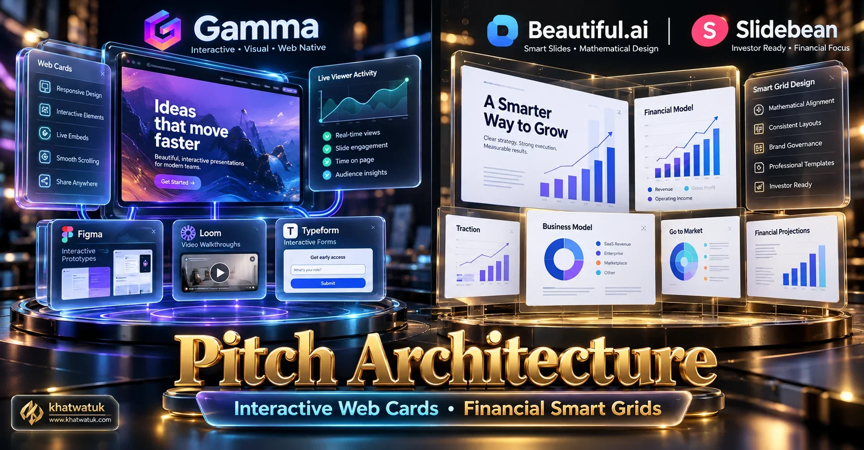 Architectural diagram contrasting interactive web pitch cards with structured corporate financial slide grids.