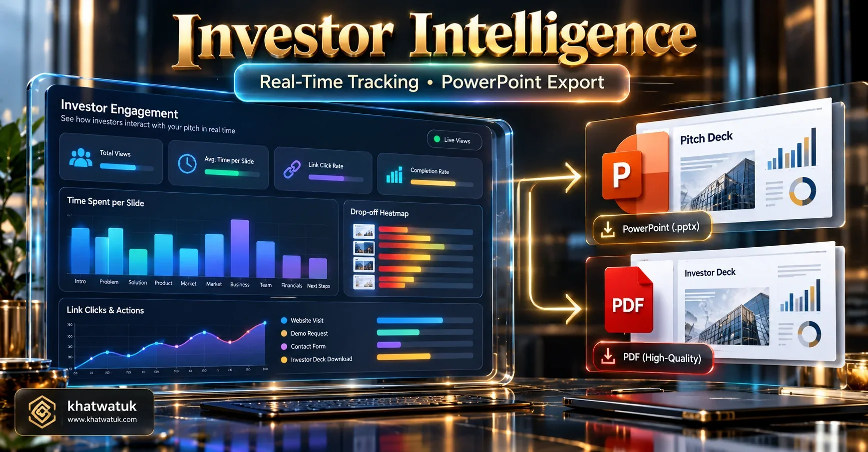 Infographic illustrating investor reading telemetry, per-slide completion analytics, and PowerPoint vector export integrity.