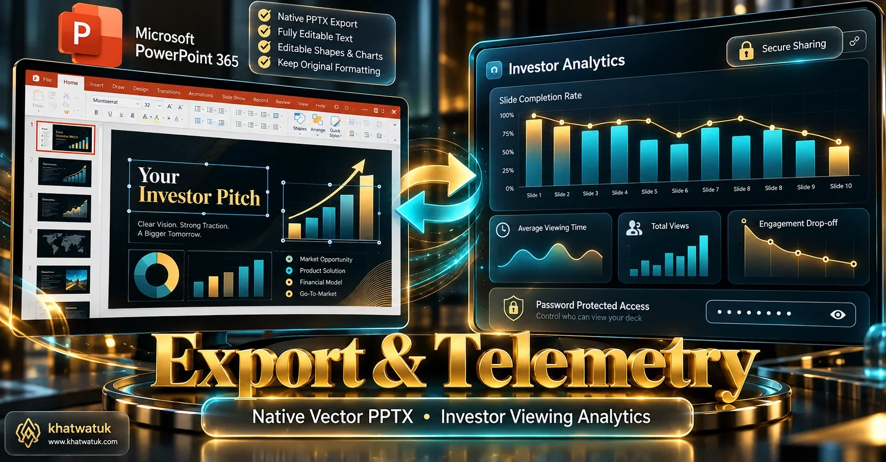 Infographic detailing Beautiful.ai's vector PowerPoint export capabilities and investor viewing telemetry dashboards.