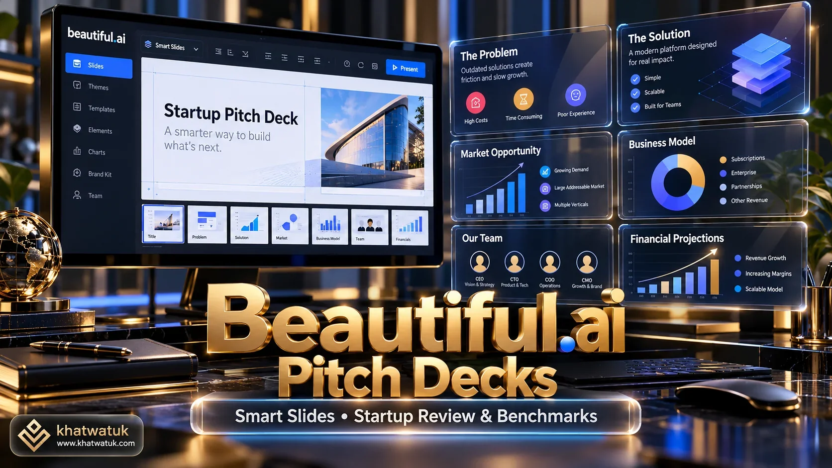 Comprehensive review infographic showcasing Beautiful.ai pitch deck templates and Smart Slide layout automation.