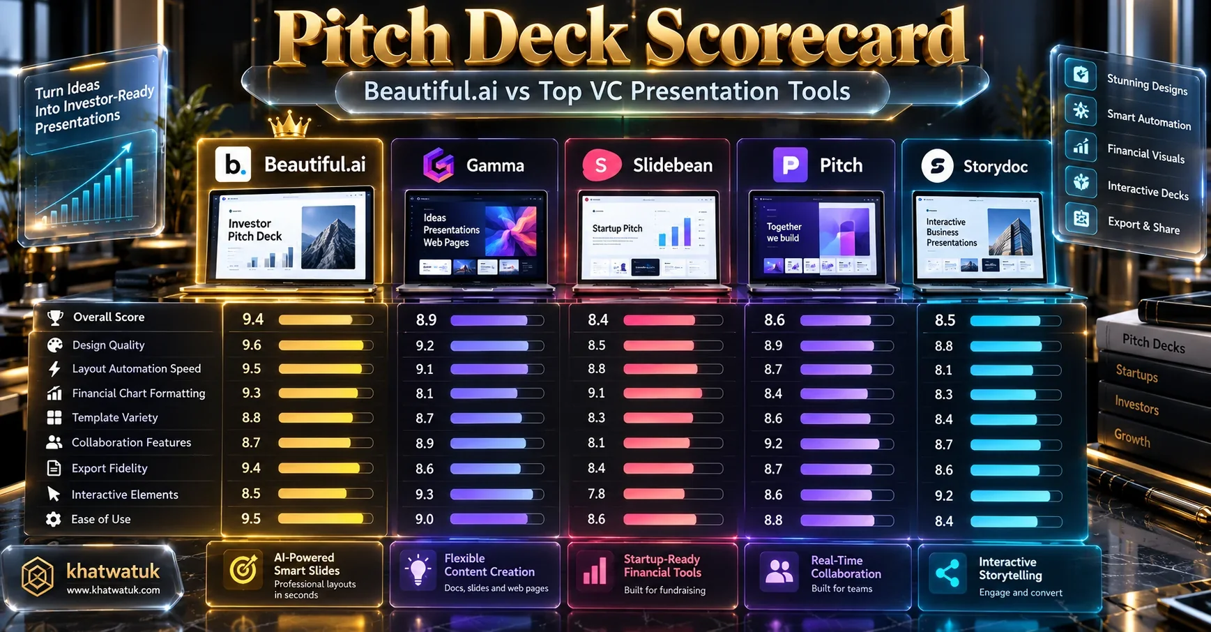 Benchmark matrix comparing Beautiful.ai against leading AI pitch deck software across design guardrails and pricing.