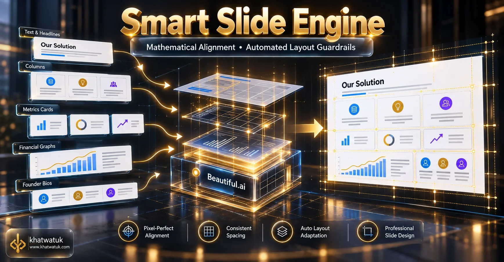 Architectural diagram demonstrating how Beautiful.ai Smart Slides automatically calculate column spacing and margin balance.