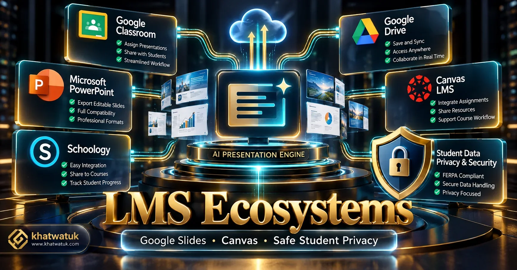 Diagram showing AI slide generator integrations with Google Classroom, Canvas LMS, and student privacy standards.