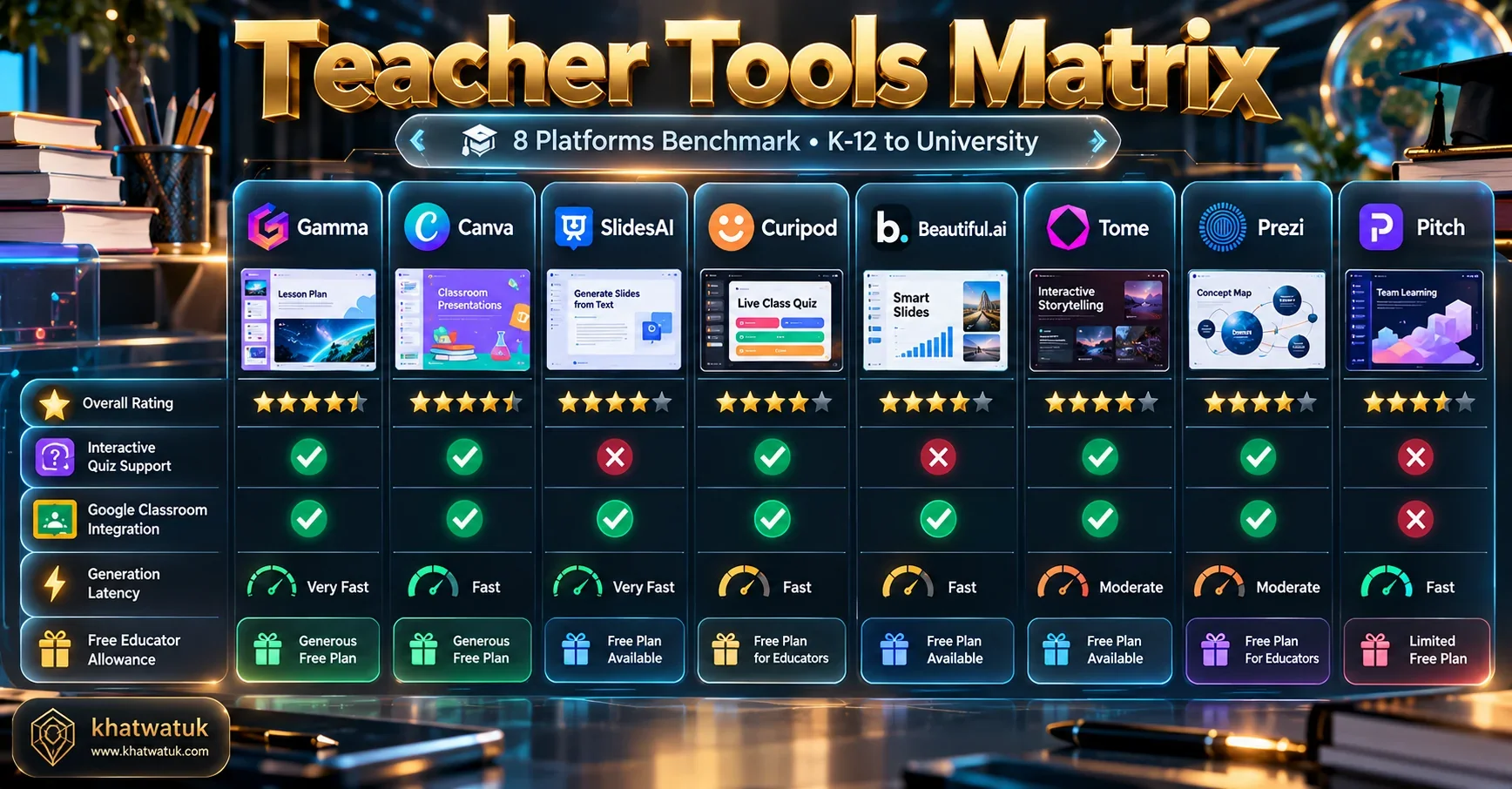 Benchmark matrix comparing 8 AI presentation makers for teachers across student interactivity, LMS integration, and pricing.