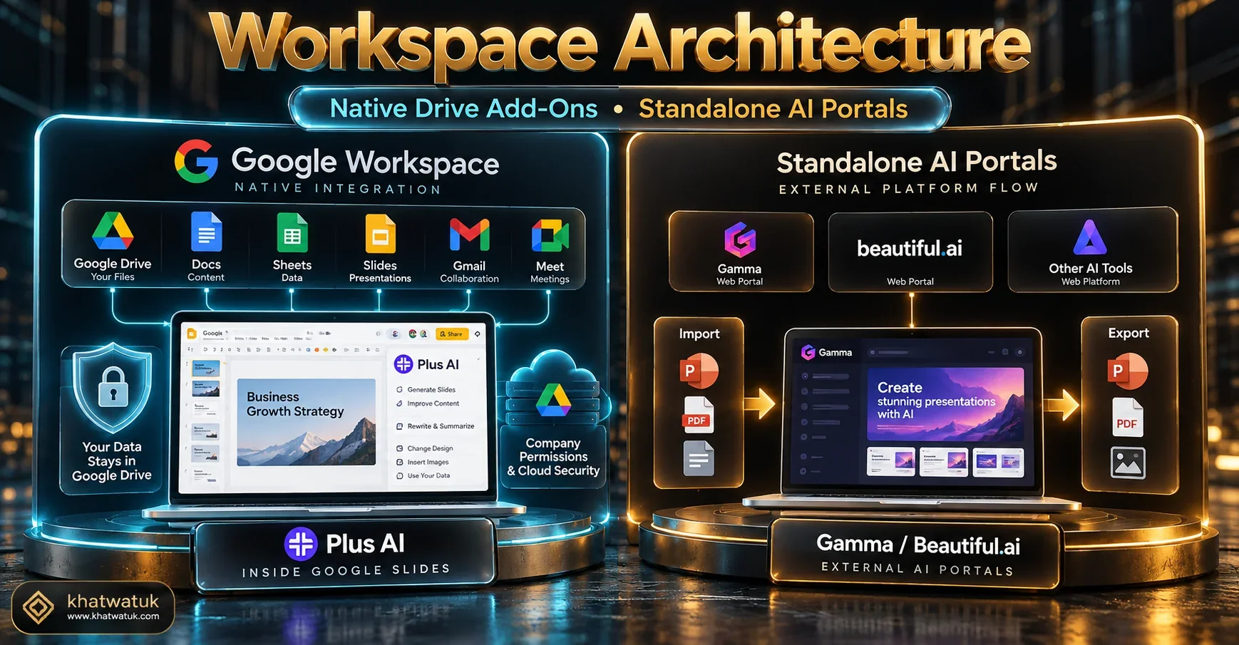 Architectural diagram contrasting native Google Slides AI add-on integration with external standalone web portals.