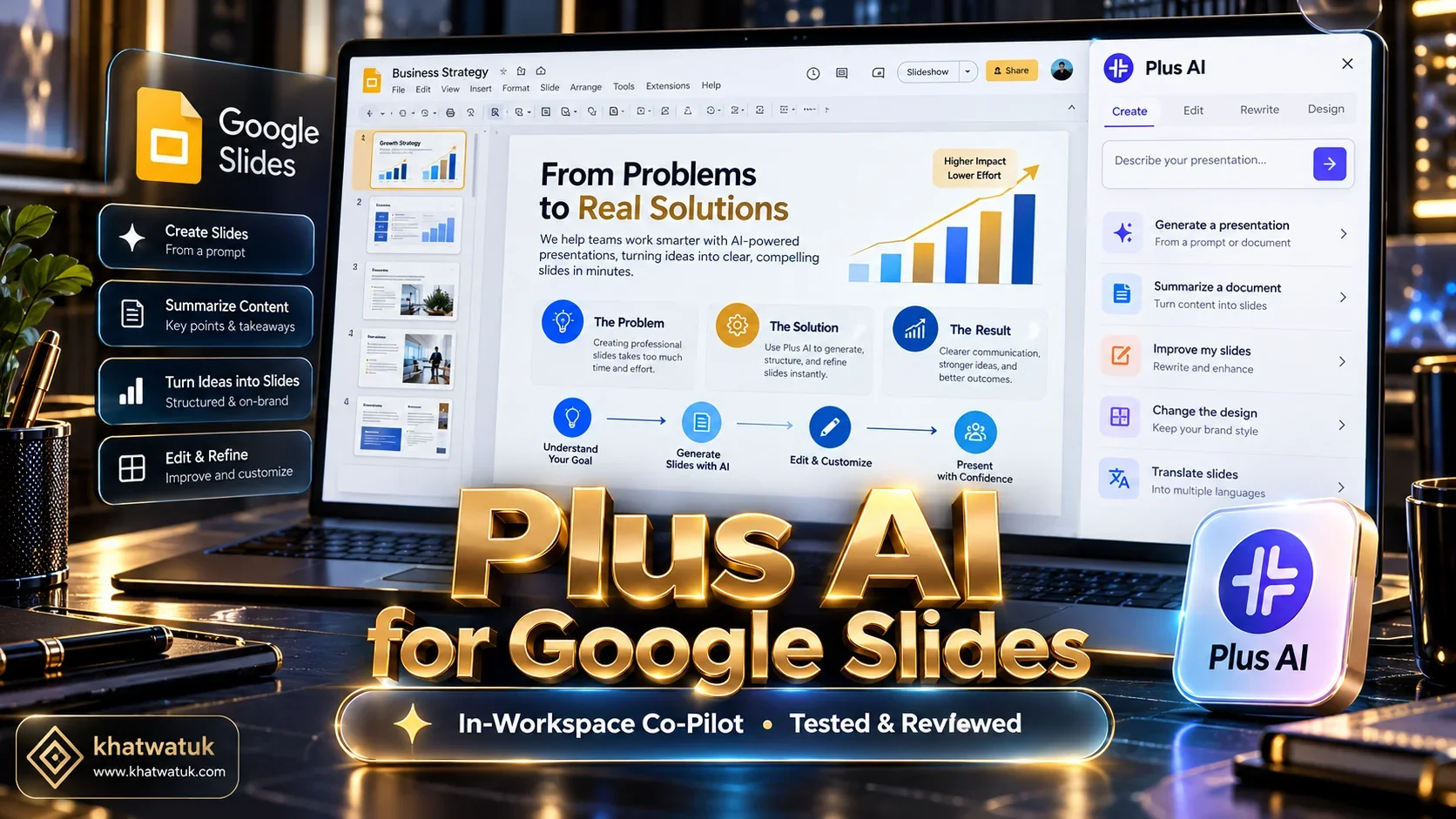 Comprehensive review infographic showcasing Plus AI native add-on sidebar operating inside Google Slides.