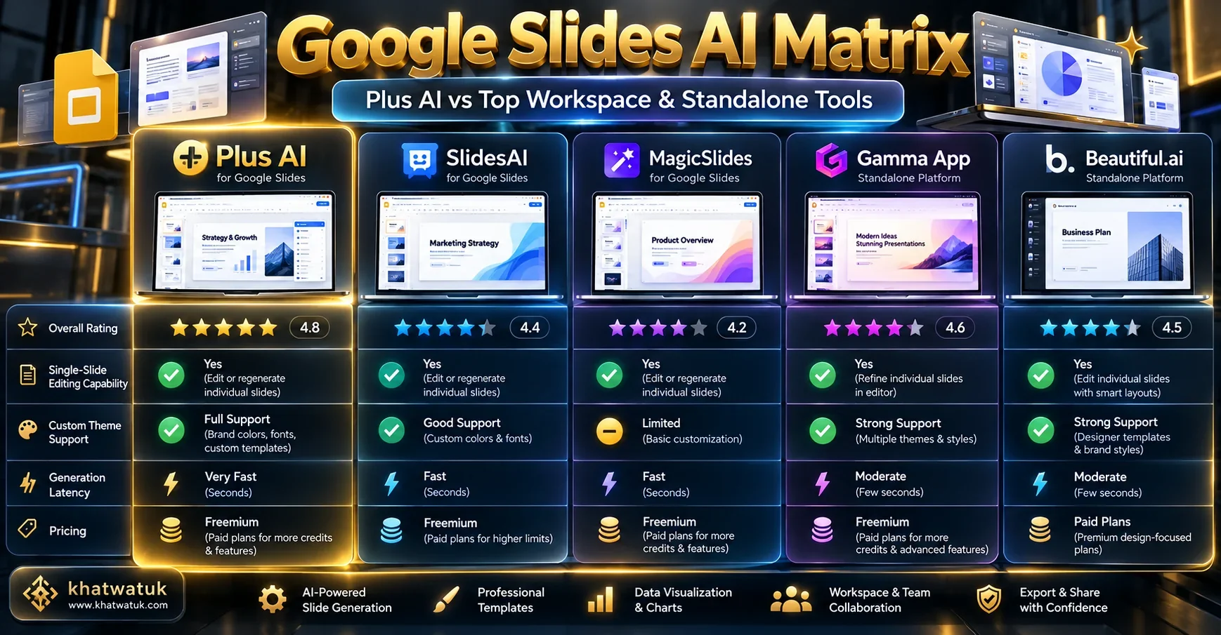 Benchmark matrix comparing Plus AI against SlidesAI, MagicSlides, Gamma, and Beautiful.ai across workflow integration and pricing.